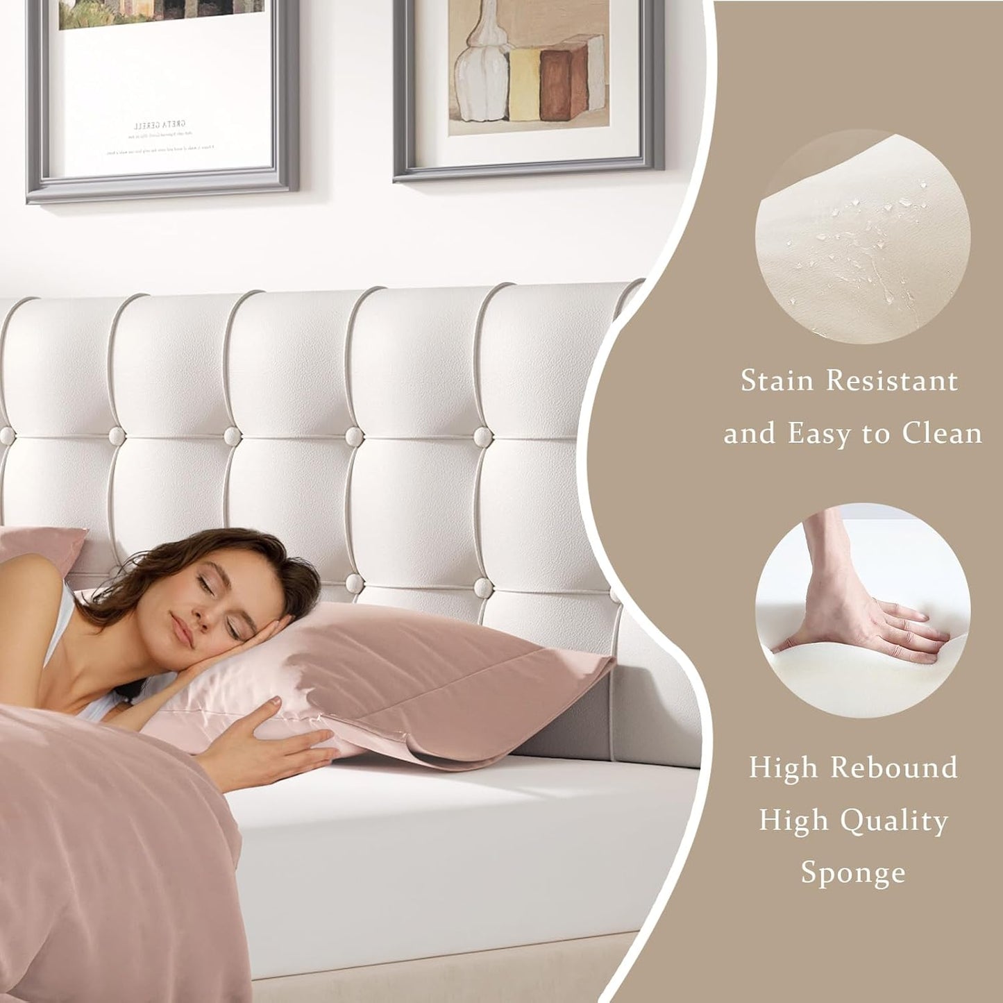 Twin Headboard, Tool-Free 60s Installation - 4" High-Density Foam Upholstered Headboard with Side Pockets, Non-Slip Linen Headboard for Dorm/Renter/Small Bedroom, Ivory Beige