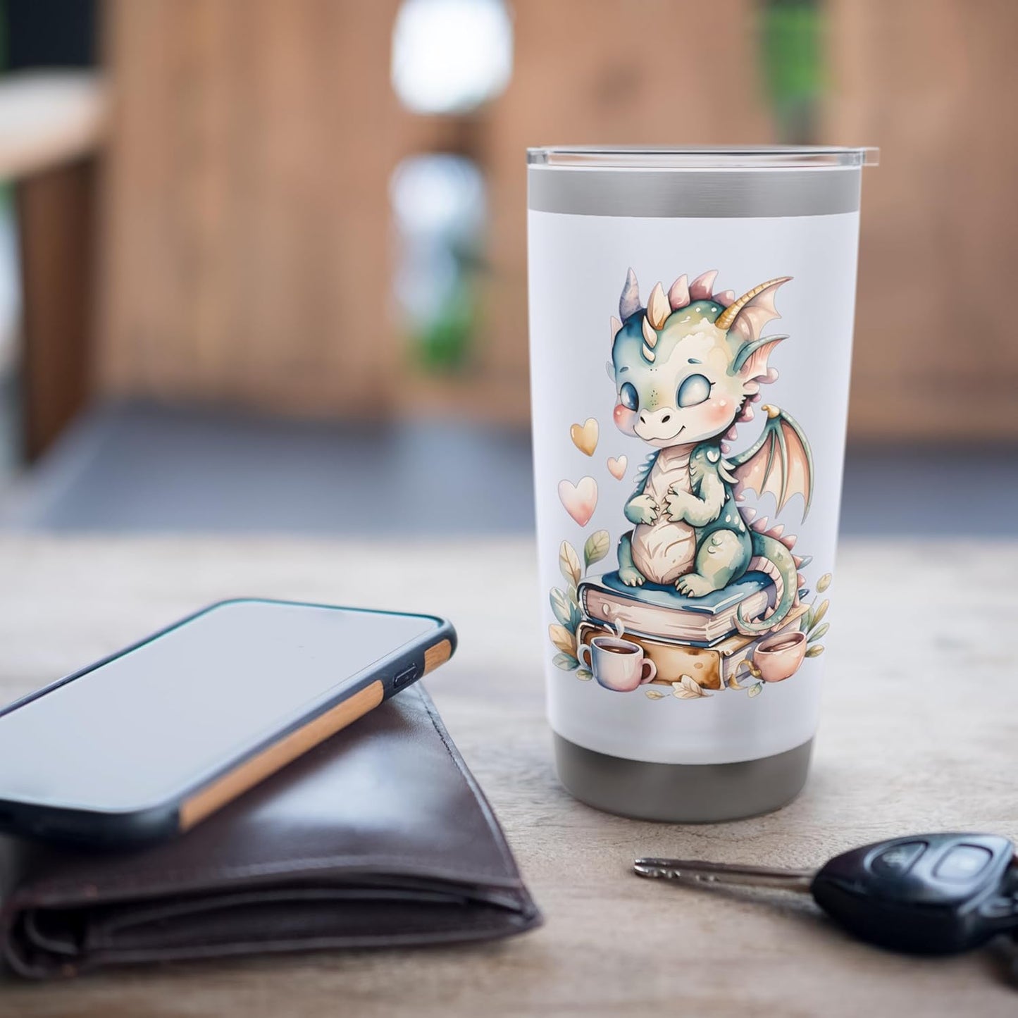 Cozy Green Baby Dragon Book Lover Pastel Fantasy Design Stainless Steel Insulated Tumbler