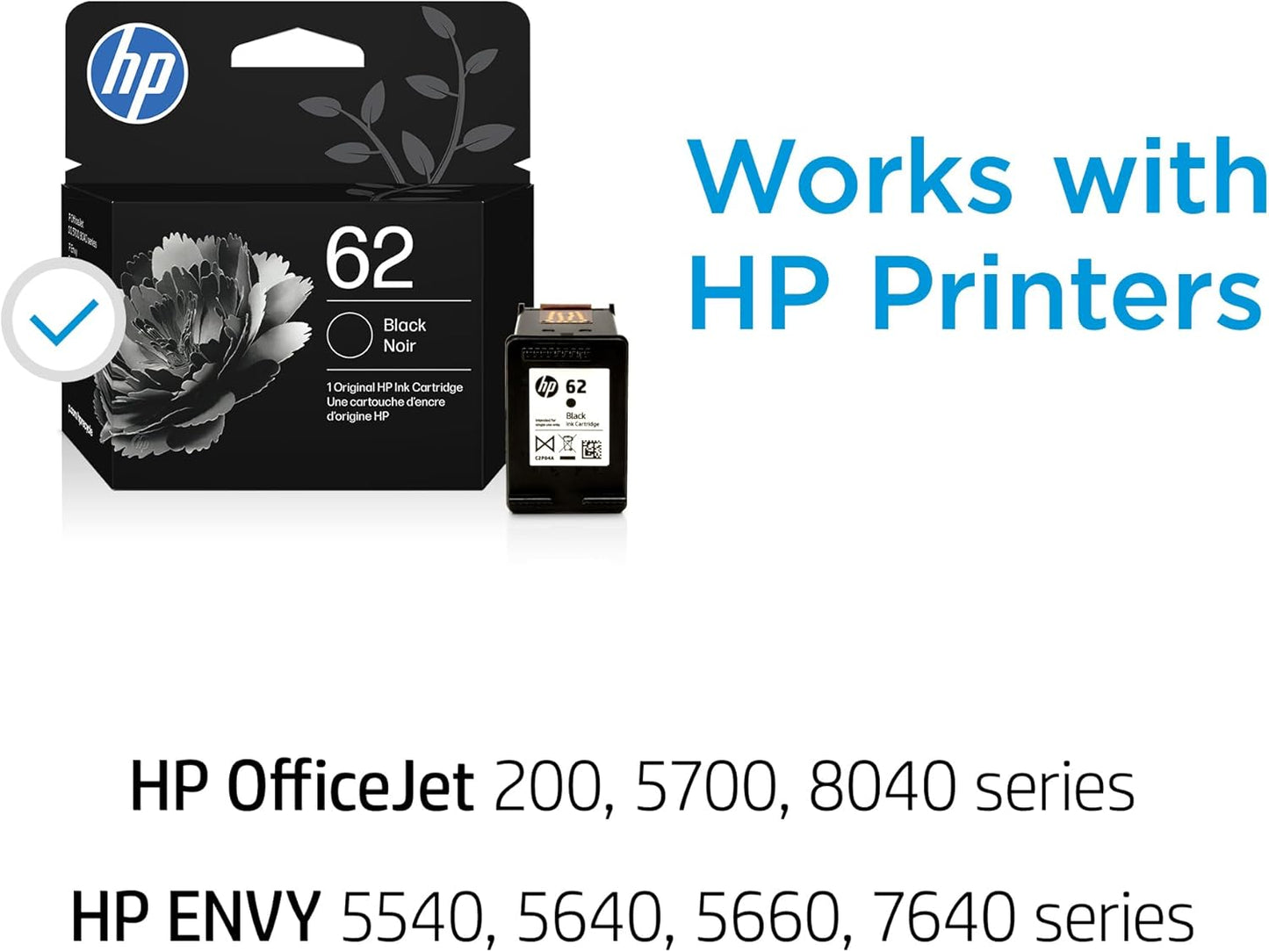 HP 62 Black Ink Cartridge | Works with Envy 5540, 5640, 5660, 7640, OfficeJet 5740, 8040, OfficeJet Mobile 200, 250 | Instant Ink Eligible | C2P04AN | Packaging May Vary