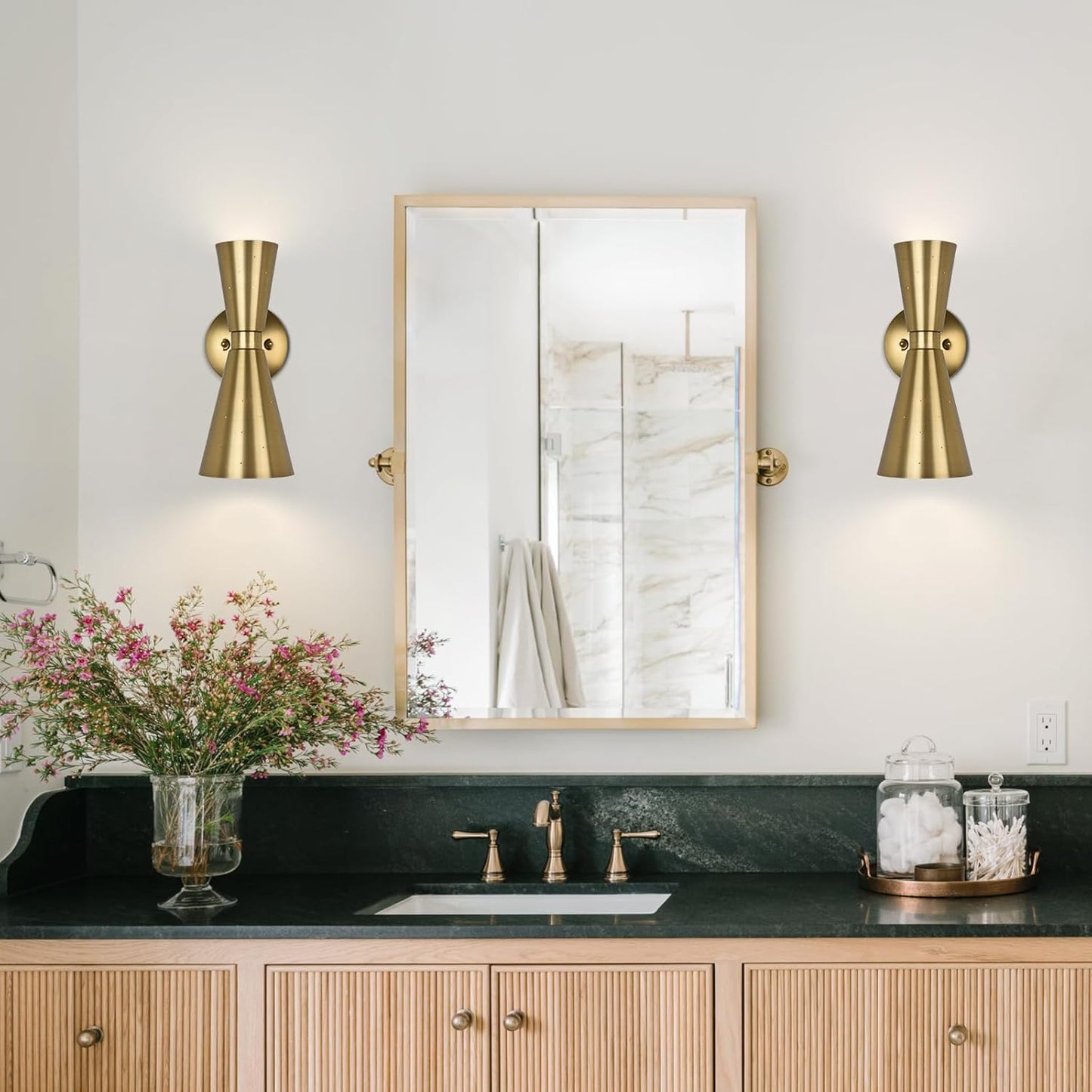 Brass Wall Sconce, Mid Century Modern Sconce Wall Lighting, Up Down Gold Wall Sconces E12 Base, Vintage Farmhouse Wall Lights Hardwired Wall Lamps for Bedroom Bathroom Living Room Staircase