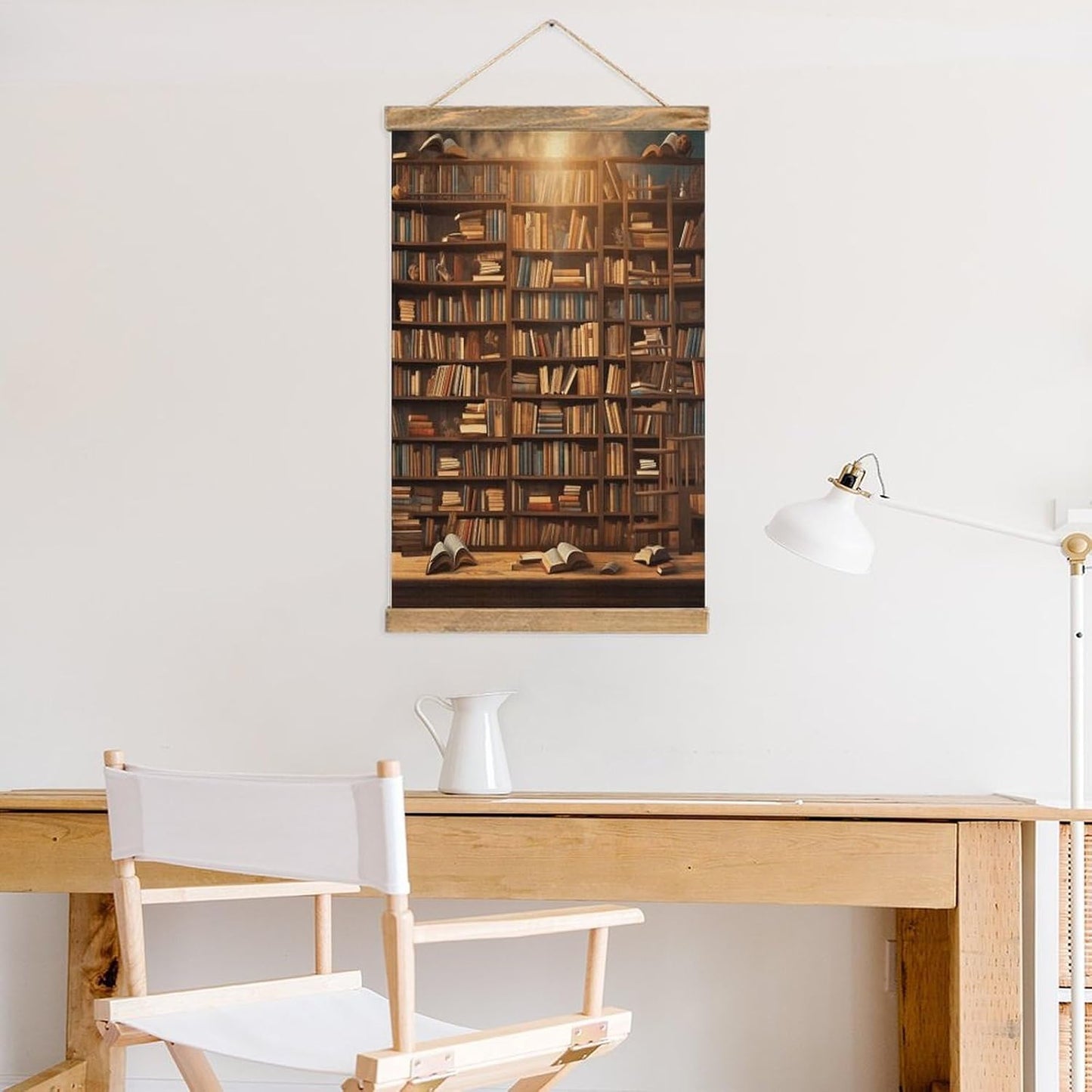 Vintage Books-png Poster with Wooden Frame Personalized Linen Hanging Scroll Painting Rustic Wall Hanging Illustrative Modern Artwork Decor for Home Living Room Bedroom Office