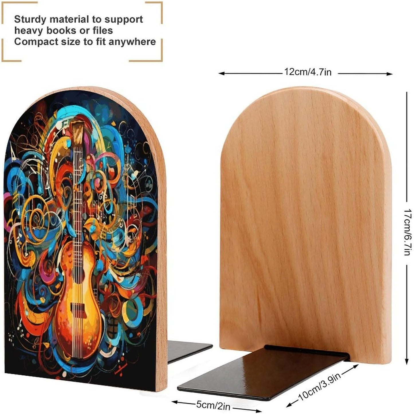 Music Series Bookend for Shelves Wooden Book End Large Size Sturdy Book Holders Stoppers with Metal Base for Bookshelves Slick Decorative Bookends Stands