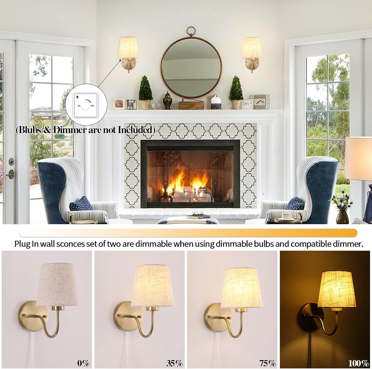 LASENCHOO Plug in Wall Sconces Set of Two, Modern Wall Lamp with Plug in Cord 6.56ft & On/Off Switch with Fabric Lampshade, Gold Sconces Wall Lighting Fixture for Bedroom Bedside Living Room Porch