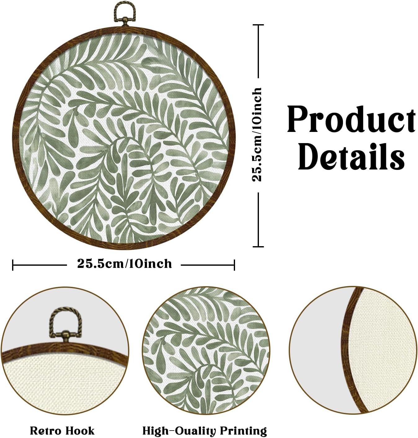 KLYTINK Boho Botanical Leaf Round Wall Art 10"x10", Linen Canvas Floral Print,Vintage Green Aesthetic Wall Decor for Bedroom, Living Room, Home Decoration, Gift for Christmas(BY805)