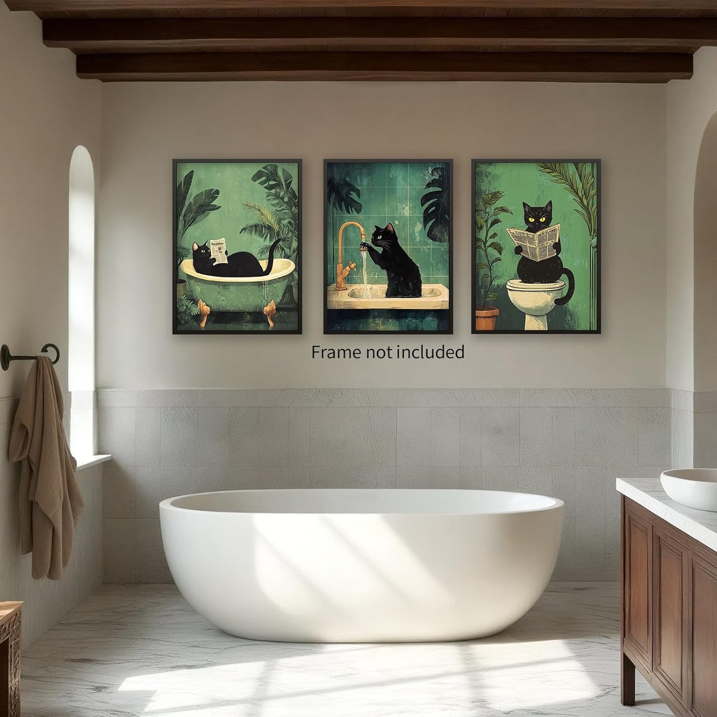FuSatisYilife Fun Bathroom Black Set of 3 Cat Wall Art Funny Cat Wash Its Paws Reading Newspaper Poster Retro Animal in Bathtub Canvas Prints for Restroom Toilet Wall Decor 08x10 inch Unframed