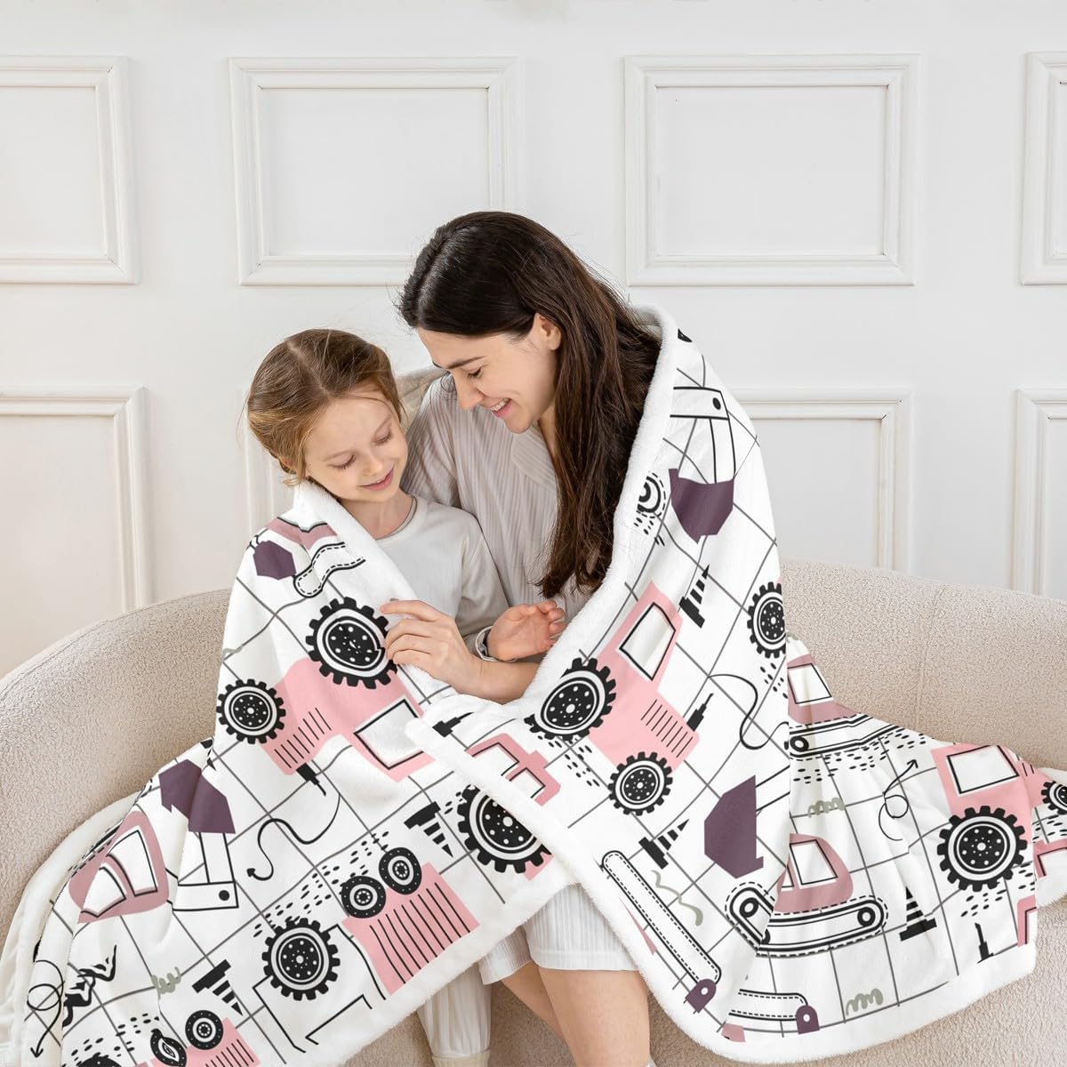 Feelyou Construction Fleece Throw Blanket for Girls Boys Kids Baby 30"x40" Cartoon Car Excavator Tractor Plush Blanket Equipment Trucks Sherpa Blanket Plaid Pink Black Theme Fuzzy Blanket
