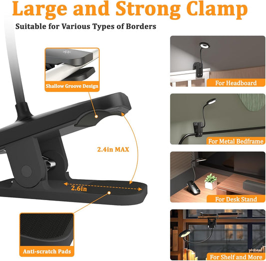 Clip on Light Rechargeable with Large Clamp, Battery Operated Bed Headboard Reading Lamp - 5 Colors 5 Brightness, Flexible Arm Book Light at Night for Kids Desk Bunk Metal Bed Frame (Black)