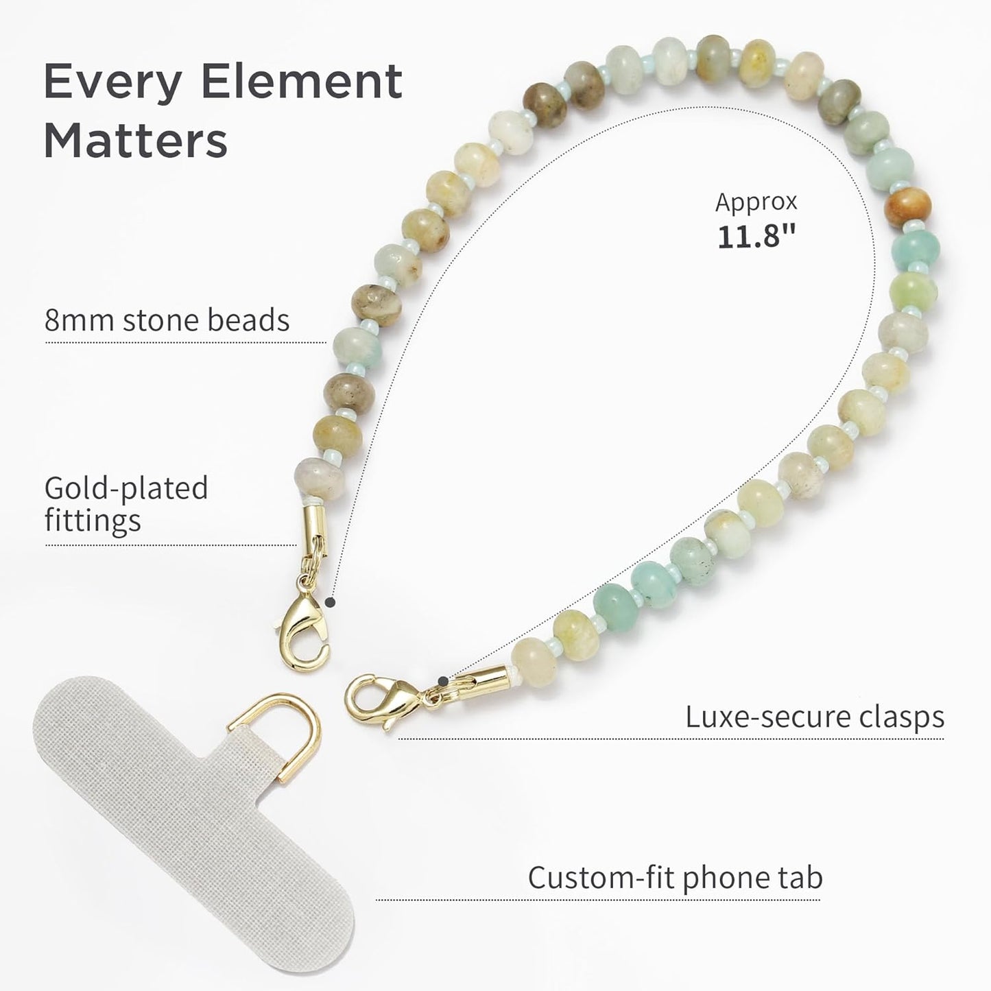 Natural Stone Phone Charm, Beaded Healing Phone Wrist Strap, Handmade Cellphone Chain Lanyard with Tether Tab