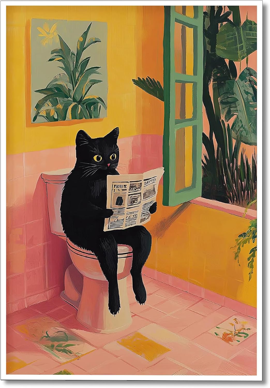 Funny Bathroom Wall Art Abstract Black Cat Sitting On Toilet Reading Newspaper Posters Cute Animal Cat Lovers Print Aesthetic Dopamine Painting For Toilet Restroom Decor 12x16in Unframed