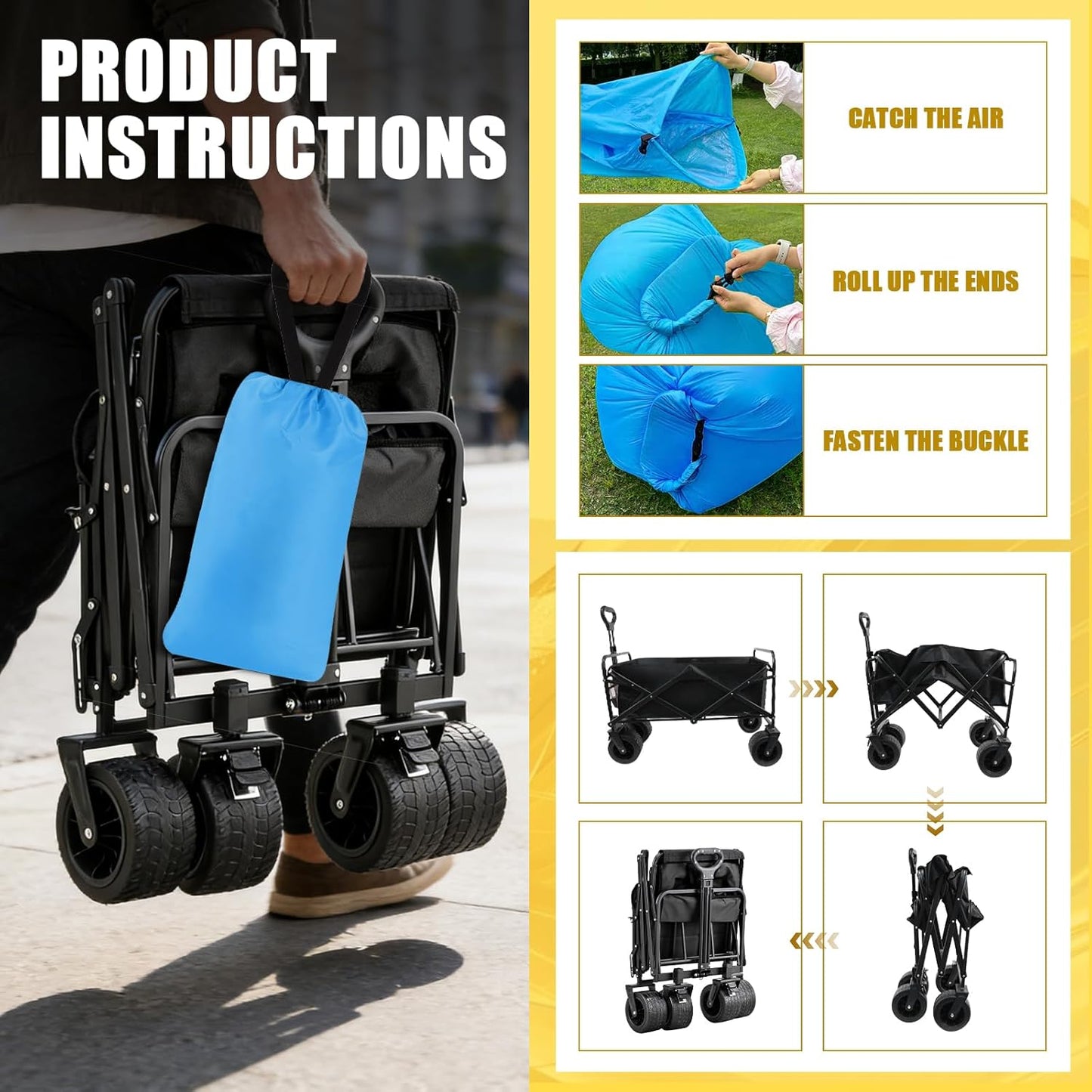 Beach Cart with Big All-Terrain Wheels for Sand & Air Sofa, 440 LBS Wagons Carts Foldable, Collapsible Folding Wagon with Cup Holders, Utility Carts for Camping, Beach, Garden and Shopping