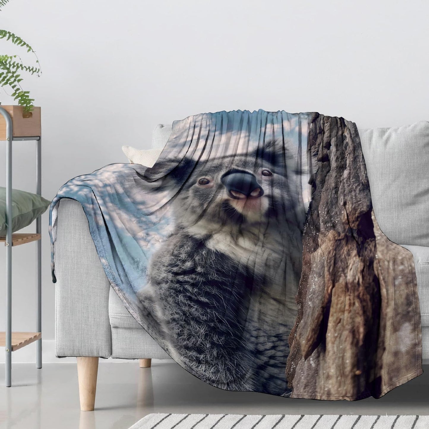 Cute Koala Flannel Throw Blanket 50x60 Inch, Curious Animal on Tree with Blue Sky Blankets Soft Cozy Fleece Throws for Wildlife Lover Bed Sofa Dorm Living Room Home Decor Gifts