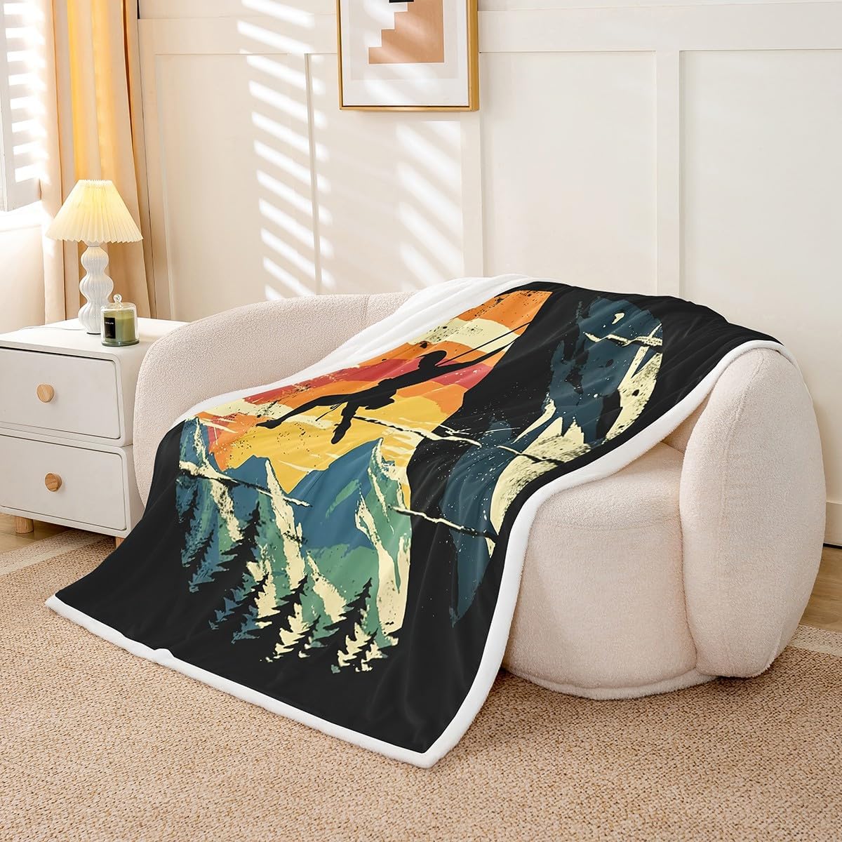 Erosebridal Rock Climbing Bouldering Throw Blanket, Mountain Climber Printed Blanket, Climb Extreme Sports Theme Fleece Blanket for Men Women, Retro Grunge Style Fuzzy Blanket, Throw Size