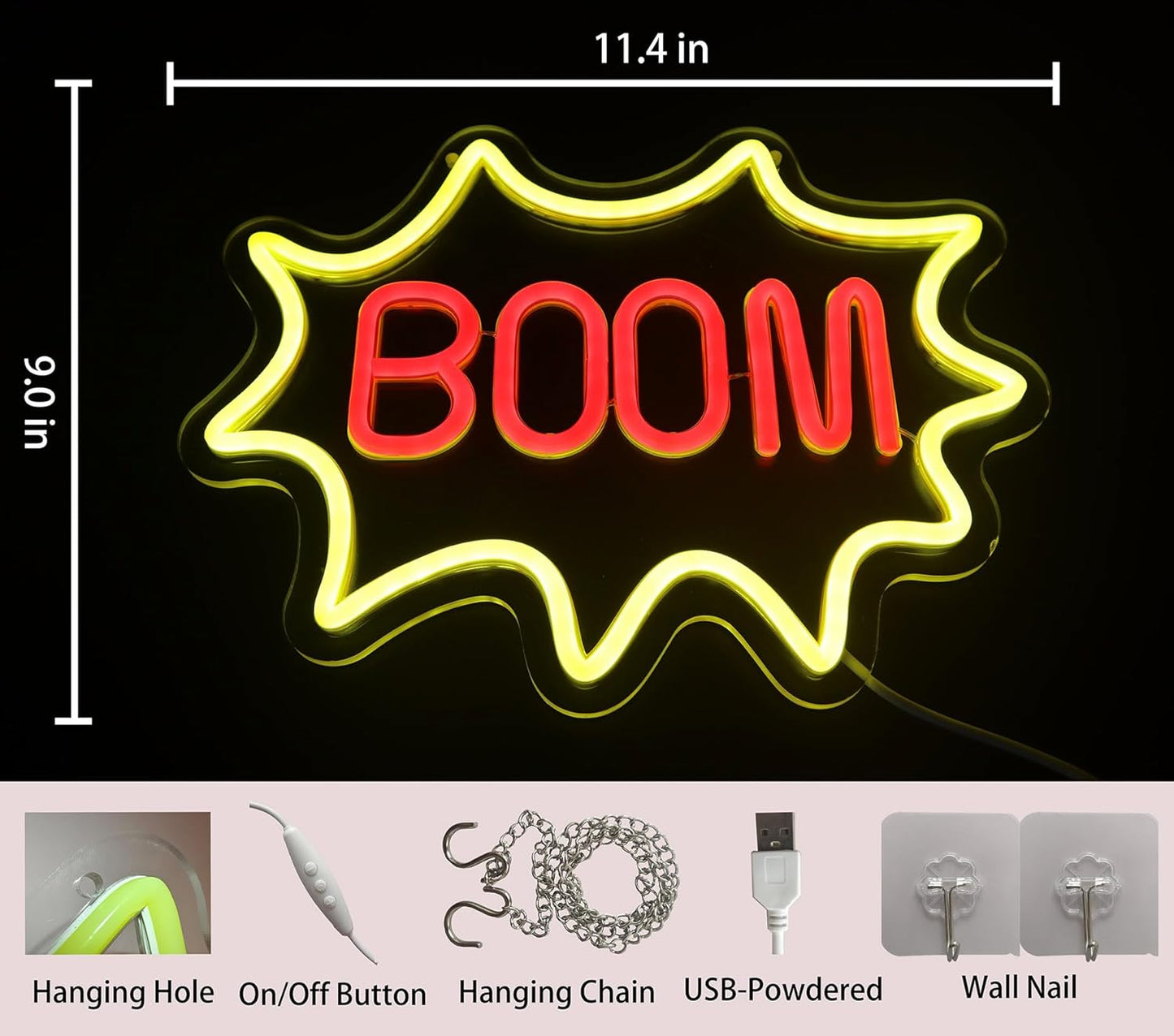 Boom Neon Sign for Game Comic Room Dance Club Decor, Gamers Comic Book Fans Gift