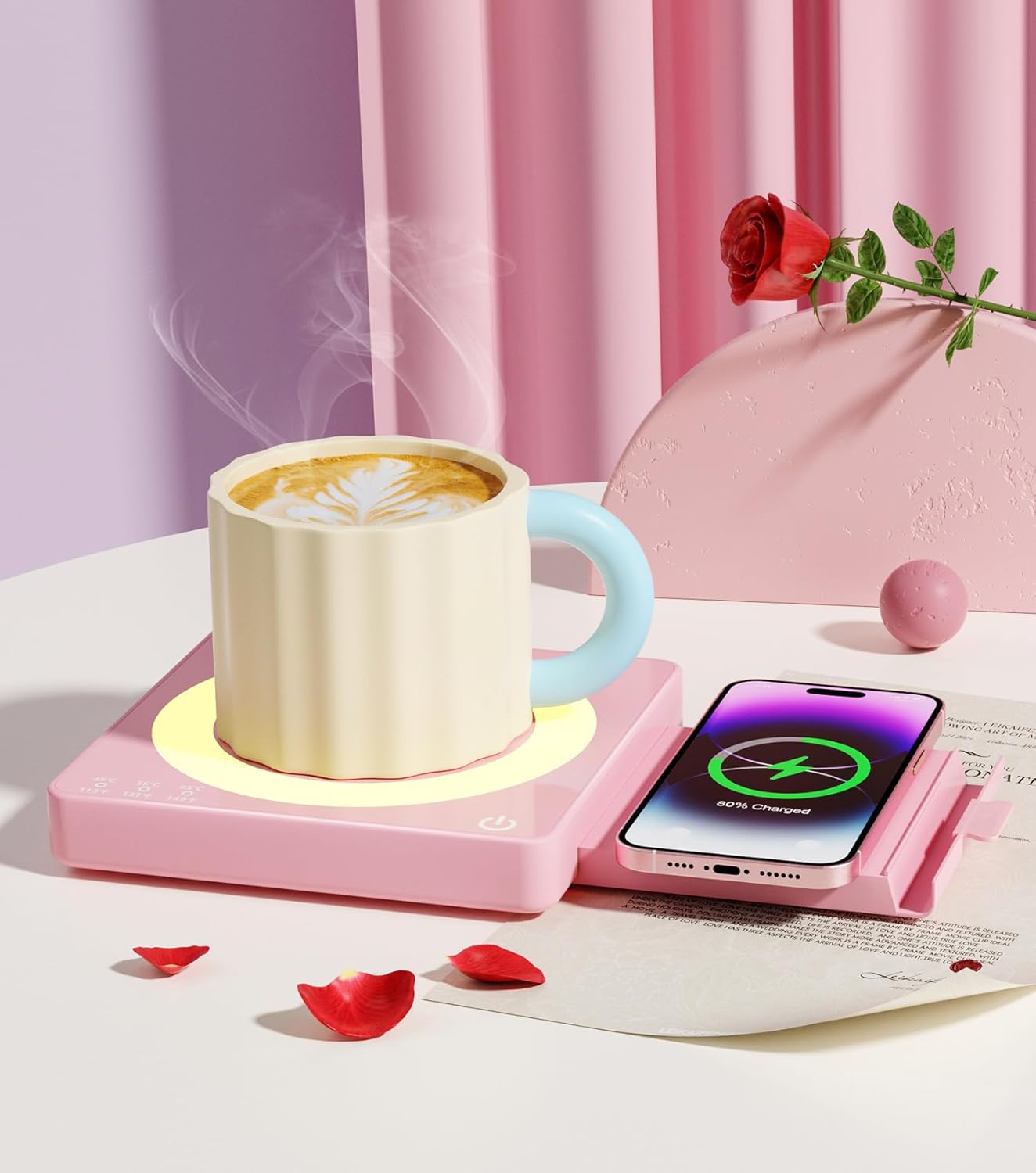 Coffee Mug Warmer for Desk with 15W Wireless Charging Pad, Electric Cup Warmer 3 Temp Settings, Smart Candle Heat Plate, Home Office & Coffee Lover Gifts for Women Valentine's Day Gift for Her, Pink
