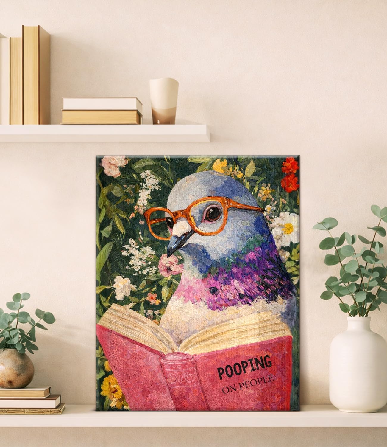 Funny Pigeon Bathroom Wall Art Print - Vintage Pigeon Reading Canvas Poster Painting - Funny Animal Bathroom Wall Decor 8x10 Inch Framed