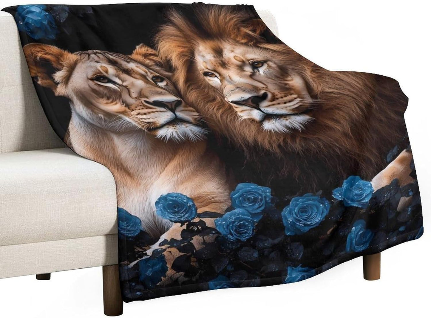 Lion Blue Rose Throw Blanket for Couch Bed Plush Cozy Fuzzy Flannel Blanket for All Season 40"x50"