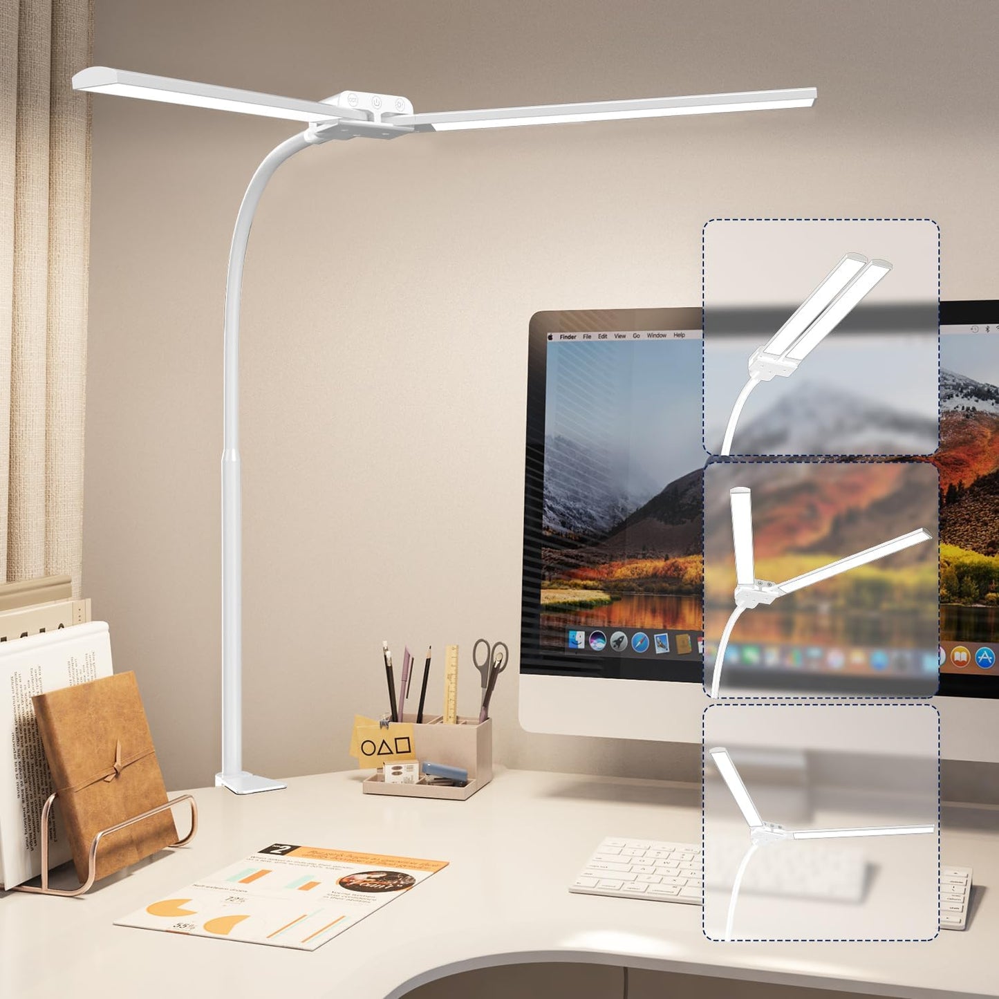KableRika Desk lamp,Double Head LED Desk Lamp with Clamp,Architect Desk Lights for Home Office,Eye-Caring Desktop Office Lamp 4-Brightness 4-Color Table Lamp for Monitor Workbench Reading White