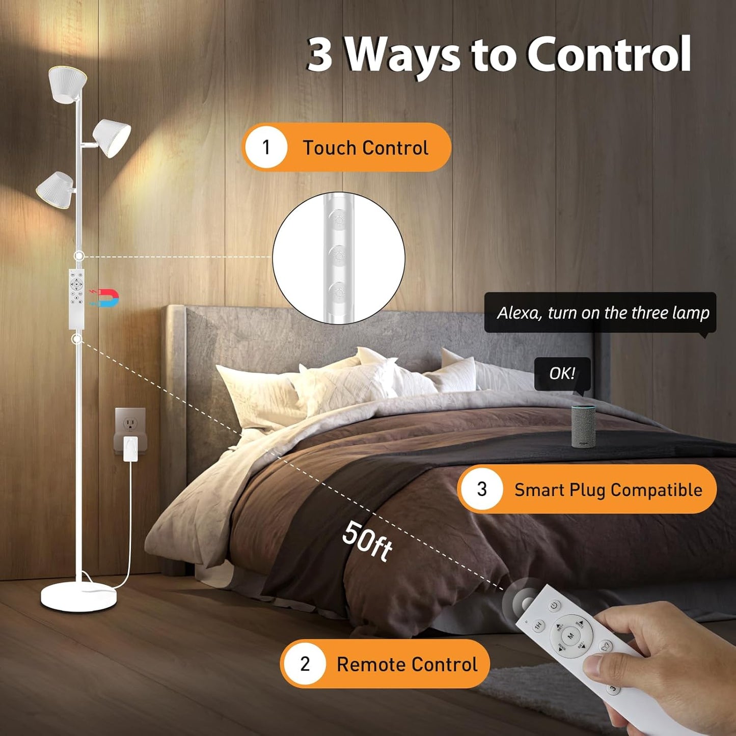 White 42W Tree Floor Lamp, 4200LM Super Bright LED Floor Lamps for Living Room with Remote & Touch Control, 3 Rotatable Lights 4 Color Temperatures, Modern Tall LED Standing Lamp for Bedroom Office