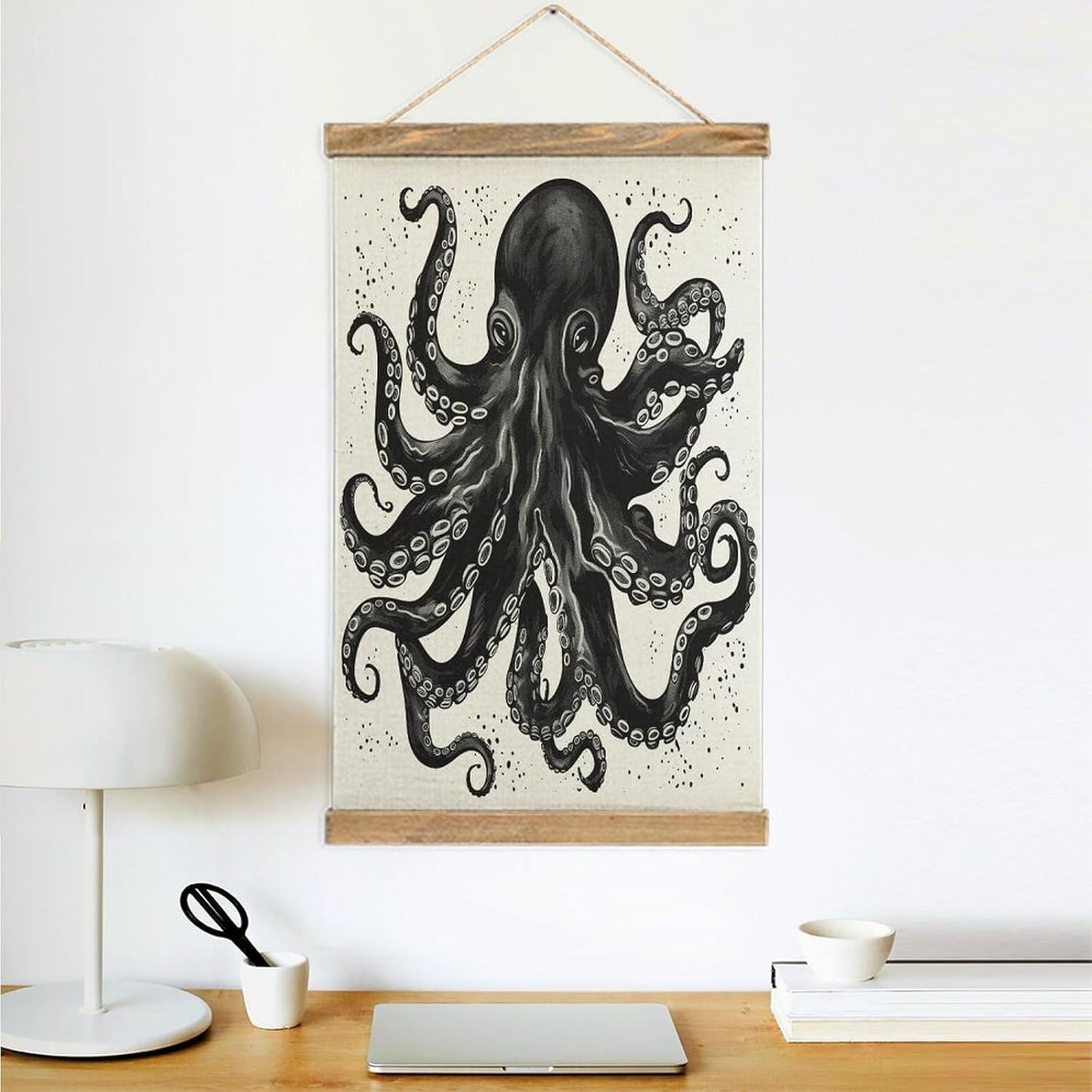 Vintage Classic Black Octopus Poster with Wooden Frame Personalized Linen Hanging Scroll Painting Rustic Wall Hanging Illustrative Modern Artwork Decor for Home Living Room Bedroom Office