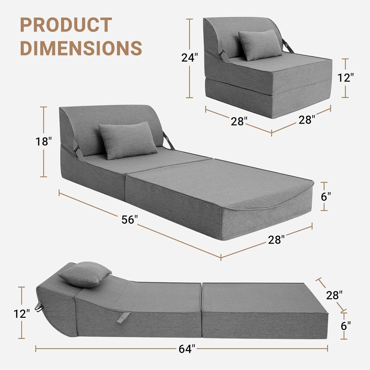 BeBen Folding Sofa Bed Chair, Convertible Sleeper Chair Futon Couch, Foldable Boneless Floor Lounger Sofa, Single Foam Chair Bed for Small Spaces, Dorm, Guest Room, Living Room, Apartment, Grey