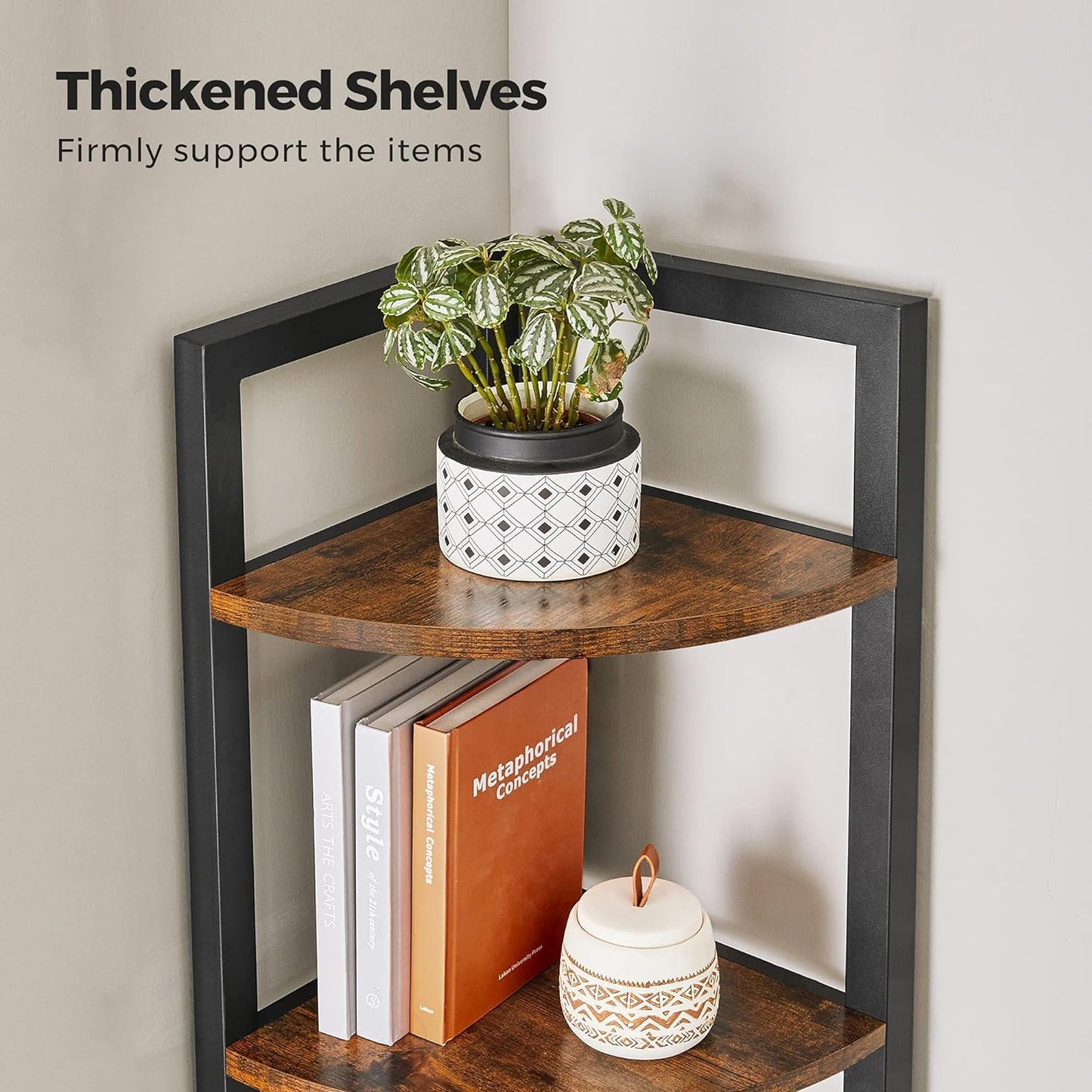 VASAGLE Corner Shelf, 5 Tier Bookshelf, Tall Corner Storage Shelves, Plant Stand for Living Room, Bedroom, Bathroom, Home Office, Rustic Brown and Black ULLS803B01