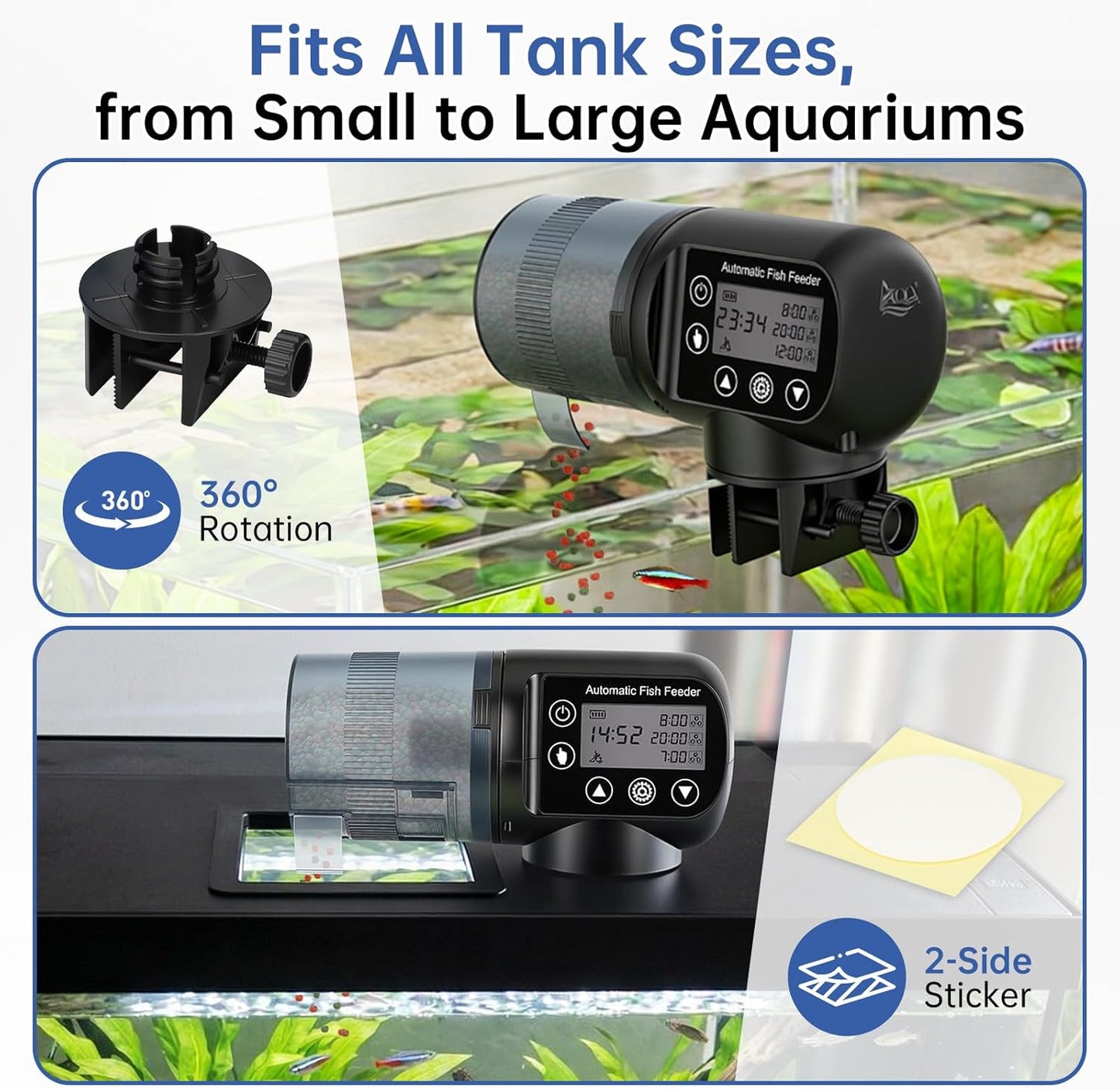 AQQA Automatic Fish Feeder for Aquarium Vacation, 200ML Large Capacity Moisture-Proof Auto Food Dispenser with LCD Timer, Battery Powered Feeder for Small Tank, Betta Fish, Turtle, Koi