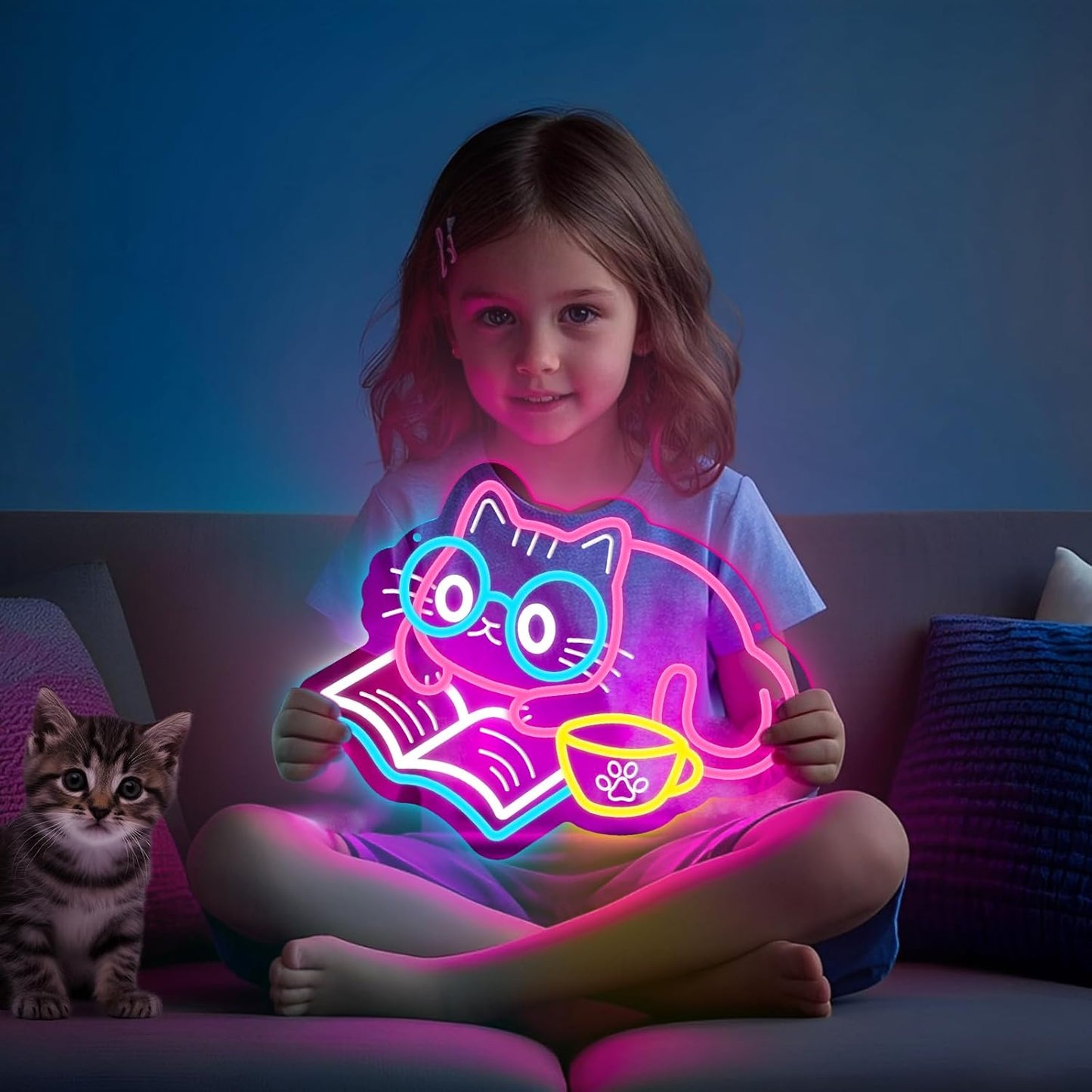 Cat Reading Book Neon Sign, Adorable Cat Neon Light for Bookstore Library Classroom Bedroom Wall Decor, USB Dimmable LED Sign Party Birthday Gift for Girls Students Book Lovers