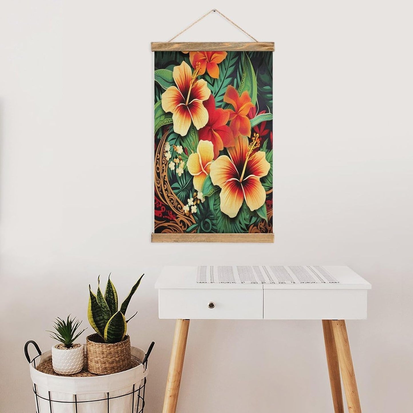 Vintage Hawaiian Style Print Pattern Poster with Wooden Frame Personalized Linen Hanging Scroll Painting Rustic Wall Hanging Illustrative Modern Artwork Decor for Home Living Room Bedroom Office
