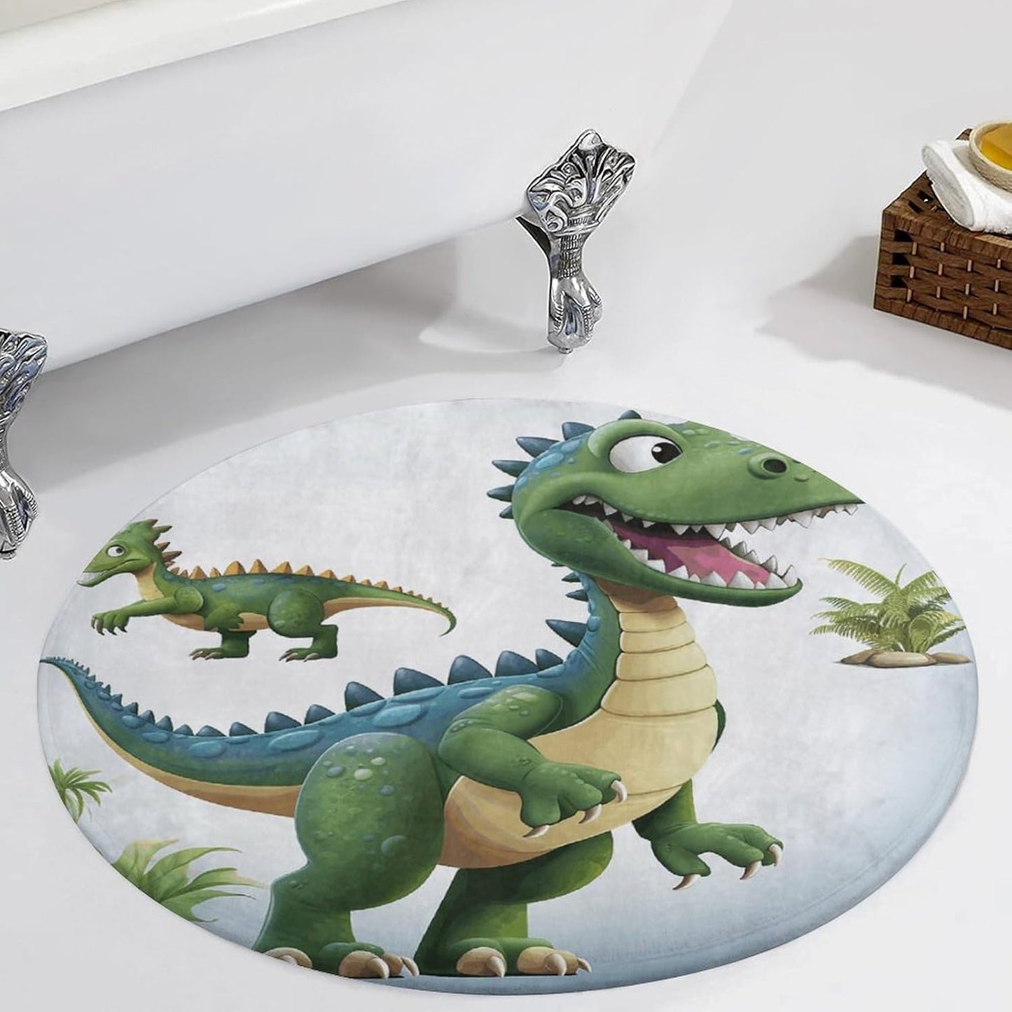 Cartoon Dinosaur Images Circle Rug Retro Luxury Coral Velvet Floor Mat Non Slip Soft Indoor Floor Carpet Comfy Thickened Area Rugs Modern Aesthetic Minimalist Carpets for Home Decor