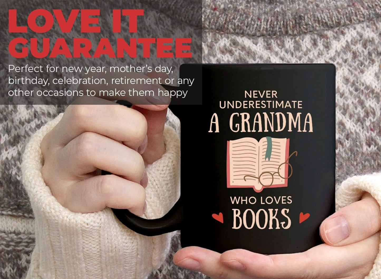 Bubble Hugs Book Lover Coffee Mug 11oz Black - Never Underestimate Grandma - Reading Reader Old Lady Book Lover Bookish Novelist Librarian Writer