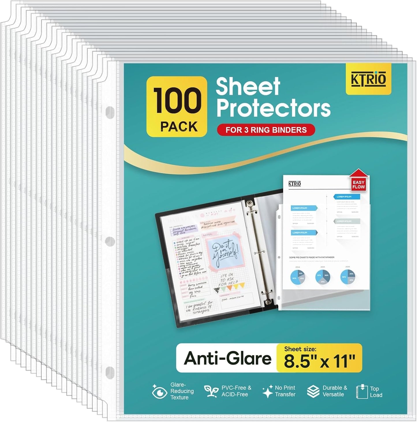 KTRIO 100 Pack Sheet Protectors for 3 Ring Binder, Non Glare Clear Page Protector, Plastic Document Sleeves Fits Standard 8.5 x 11 Paper, Top Loading, Acid Free
