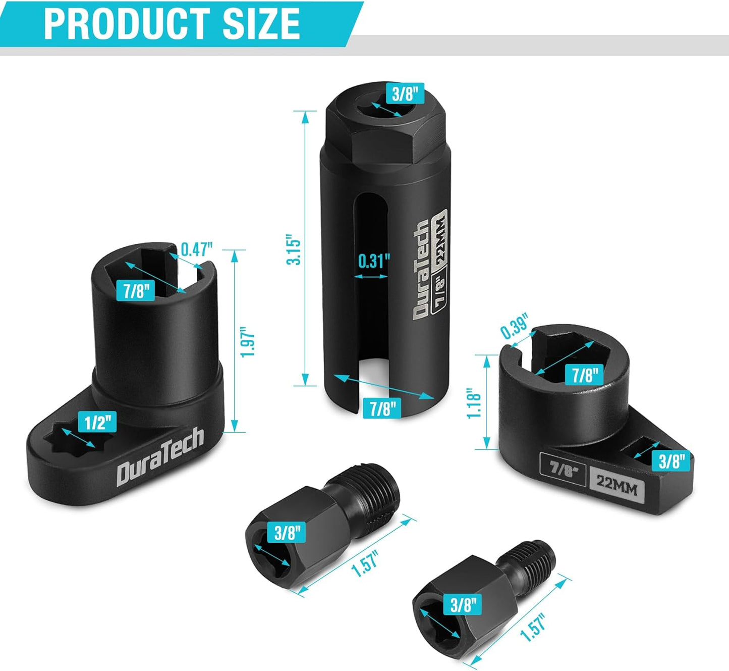 DURATECH 5PCS O2 Oxygen Sensor Socket Thread Chaser Set, 3/8" 1/2" Drive x 7/8" 22mm Oxygen Sensor Remover O2 Sensor Removal Tool Kit