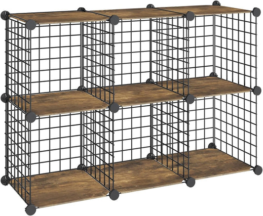HOOBRO Wire Cube Storage Organizer, 6-Cube Shelves, Modular Shelves with Metal Grid, DIY Closet Cabinet for Living Room, Bedroom, Rustic Brown and Black BF06CW01