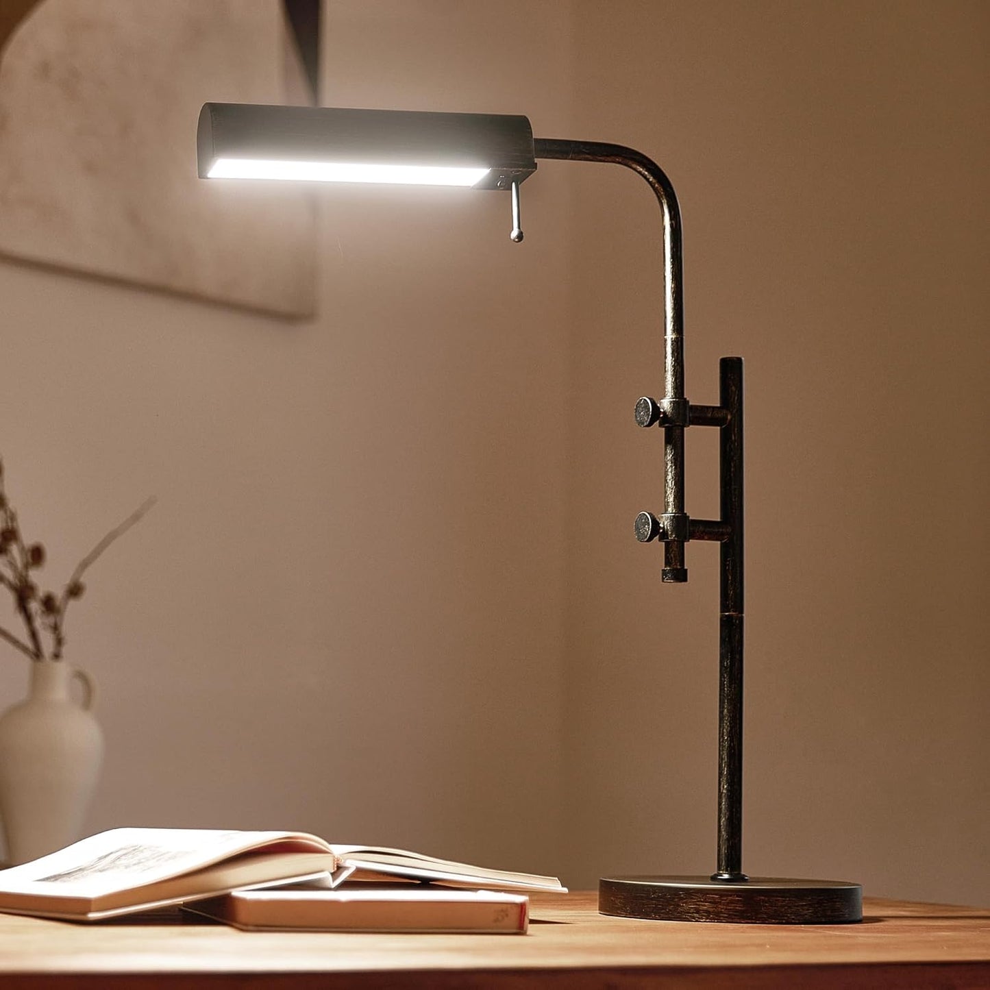 VONLUCE Rustic Desk Lamp, Adjustable Industrial Style Metal Table Lamp, 3 Color Temperatures LED Reading Lamp for Living Room Bedroom Office, Antique Black