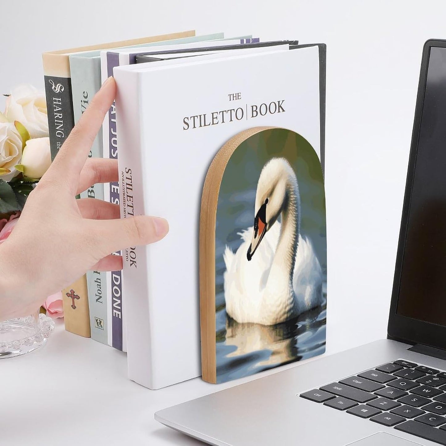 Non-Slip Bookend for Shelves Cute Little Swan Wooden Bookends with Metal Base Decorative Book Stopper for Home Heavy Duty Wood Book Storage for Books/CDs