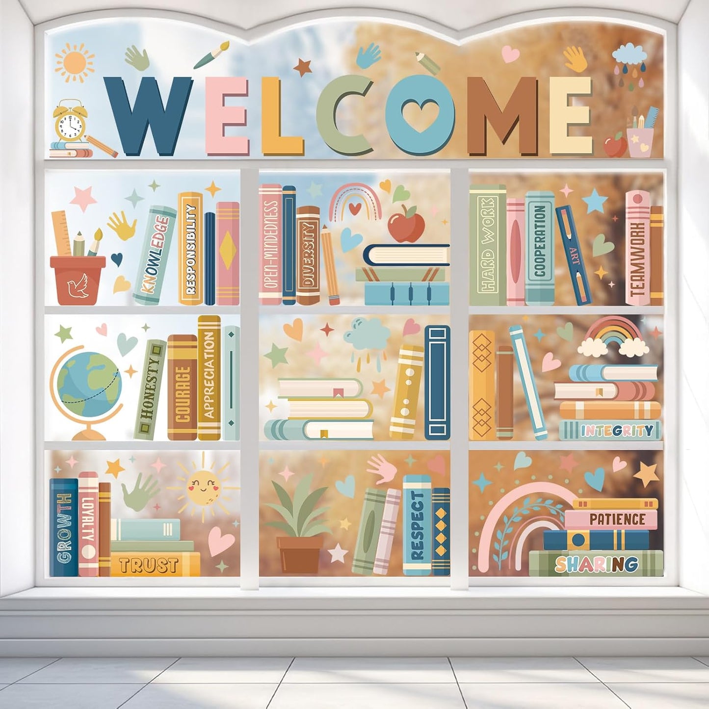 9 Sheet Boho Book Window Clings Back to School Window Stickers Inspirational Classroom Bookshelf Glass Decals for First Day of School Party Home Reading Classroom Library Nursery Wall Decor