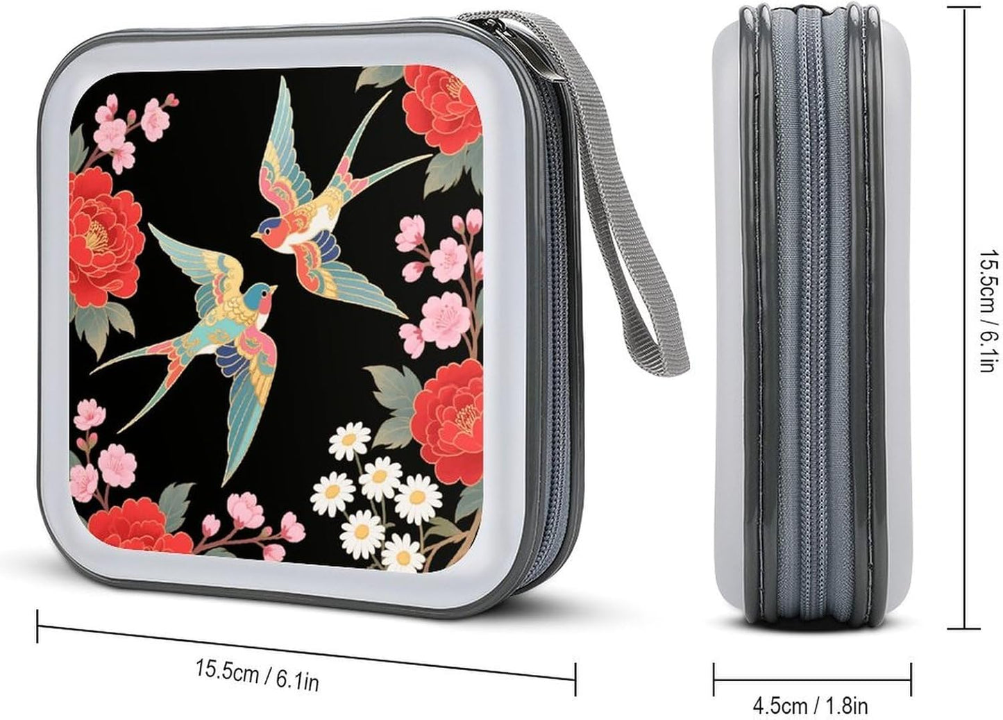 Two Colorful Flying Birds CD Case Portable Zipper CD Case 40 Capacity Hard Plastic DVD Cases Holder Large Storage Disc Wallet Bag for Car Home Travel DVD Collection Bag