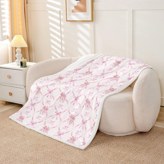 Feelyou Cute Pink Ballet Bow Throw Blanket Princess Bowknot Soft Fleece Sherpa Cozy Fuzzy Plush Warm Ribbon Bow Knot Fuzzy Plush Throw Baby 30"x40" for Bed Couch Living Room
