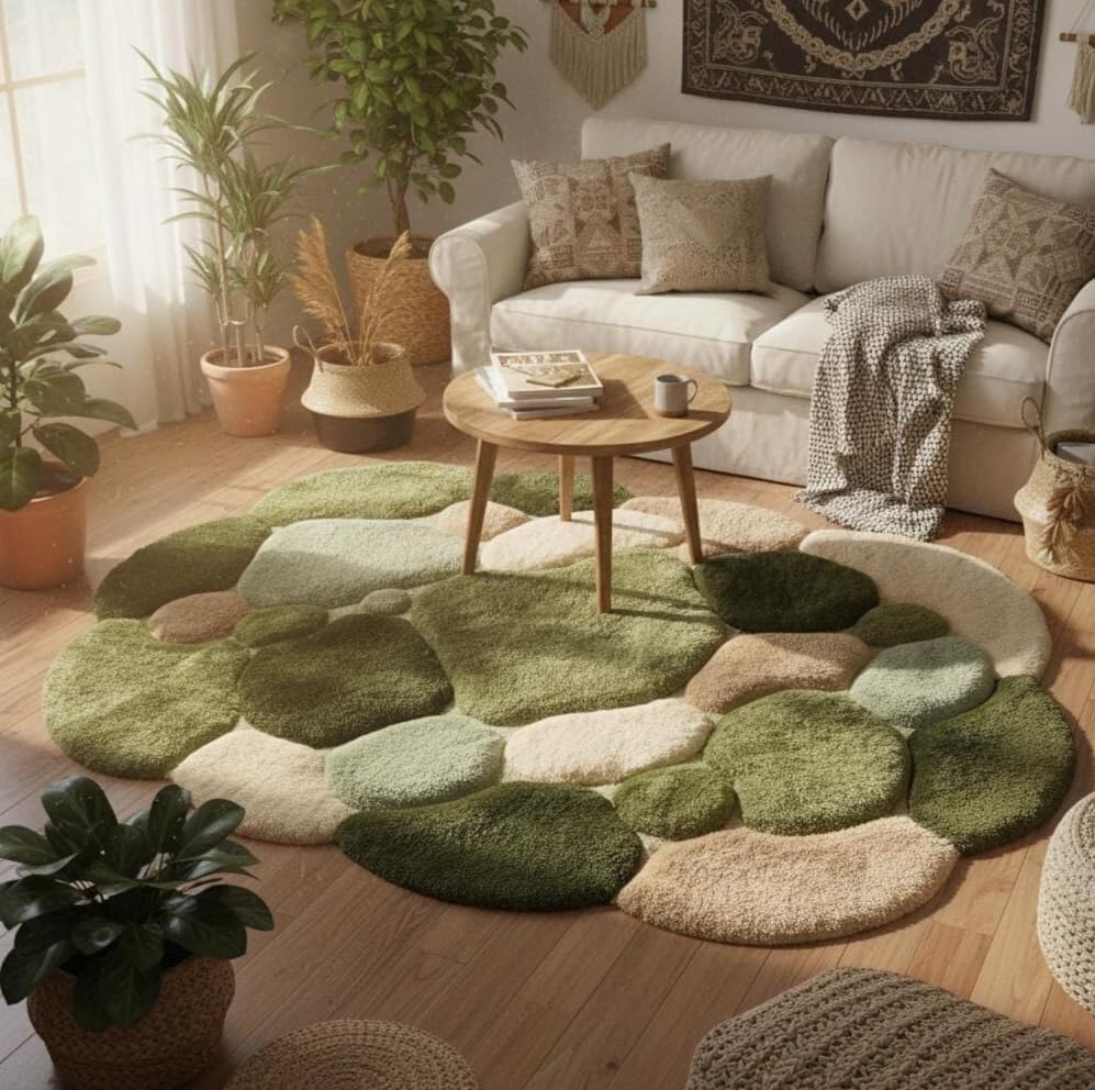 3D Pebble Stone Area Rug, Green Beige and Blush, Fluffy Tufted, Irregular Shape, Living Room Decor (Green with Olive Green, 10' x 14' Feet)