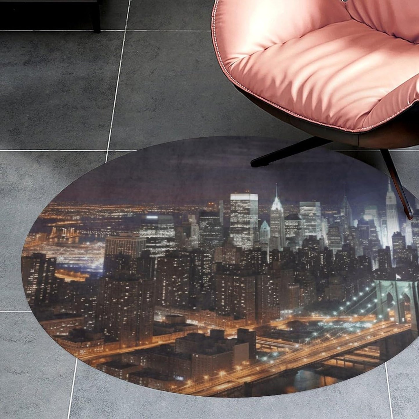 New York Night Circle Rug Retro Luxury Coral Velvet Floor Mat Non Slip Soft Indoor Floor Carpet Comfy Thickened Area Rugs Modern Aesthetic Minimalist Carpets for Home Decor