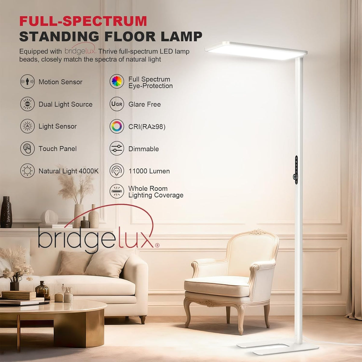 JINIU 150W 11000LM Full-Spectrum 79" LED Floor Lamp, Bridgelux Thrive™ Eye-Care Standing Lamp, Dimmable 4000K Natural Daylight, Motion Sensor for Home Office, Playroom, Special Nightlight for Bedroom