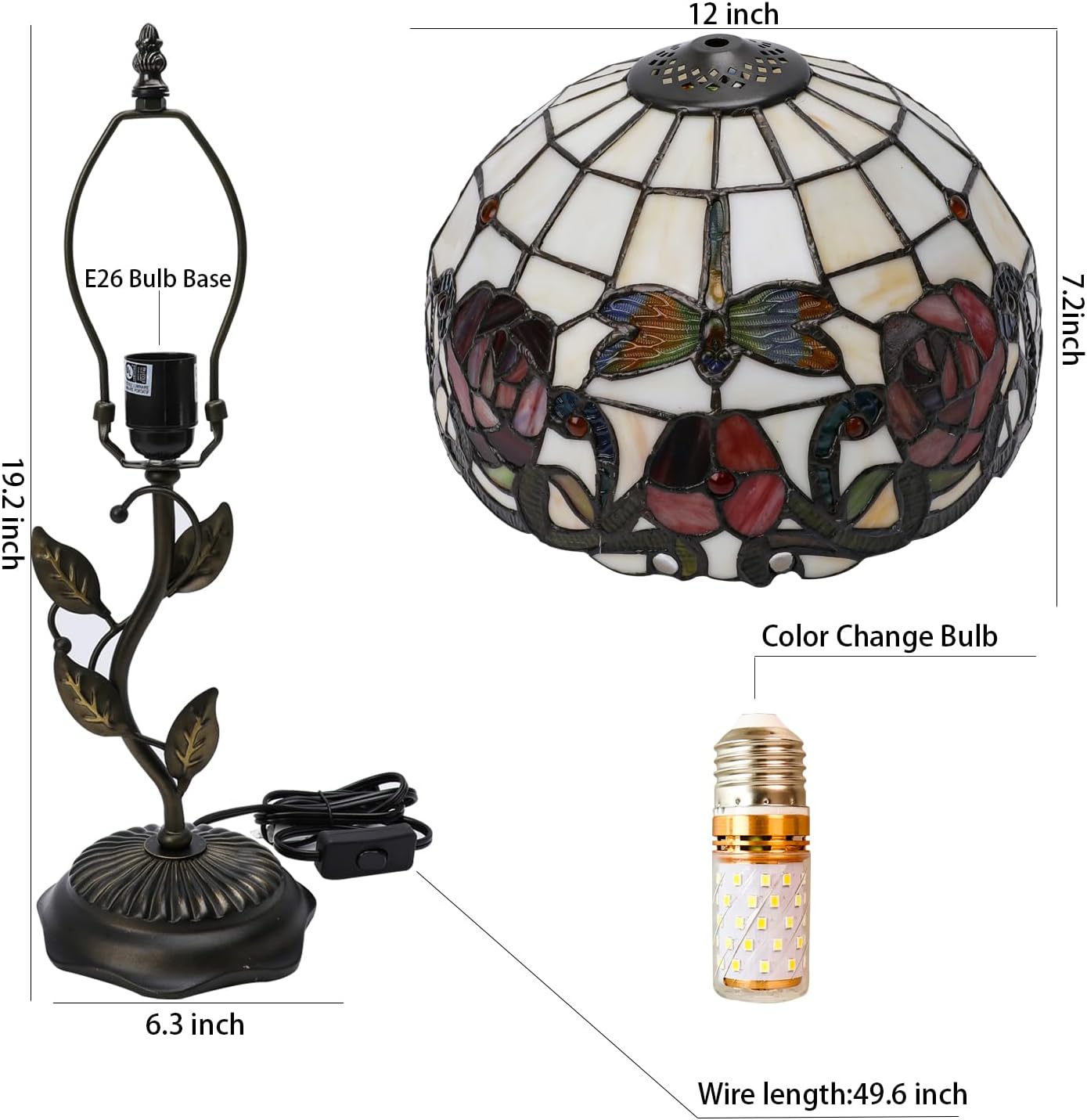 Stained Glass Table Lamp, Adjustable 3 Color Temperature, Dragonfly Rose Style Lampshade & Metal Leaf Antique Base Desk Reading Light 12X12X19 Inches Decor for Bedroom Living Room Office