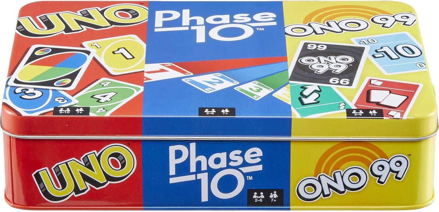 Mattel Games Set of 3 Card Games with UNO, Phase 10 & ONO 99, Travel Fun for Kids & Family Night with Storage Tin Box (Amazon Exclusive)