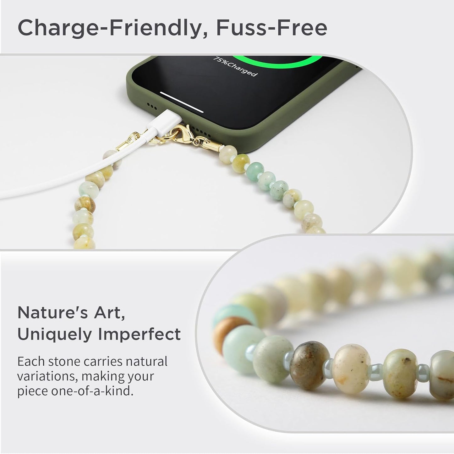 Natural Stone Phone Charm, Beaded Healing Phone Wrist Strap, Handmade Cellphone Chain Lanyard with Tether Tab