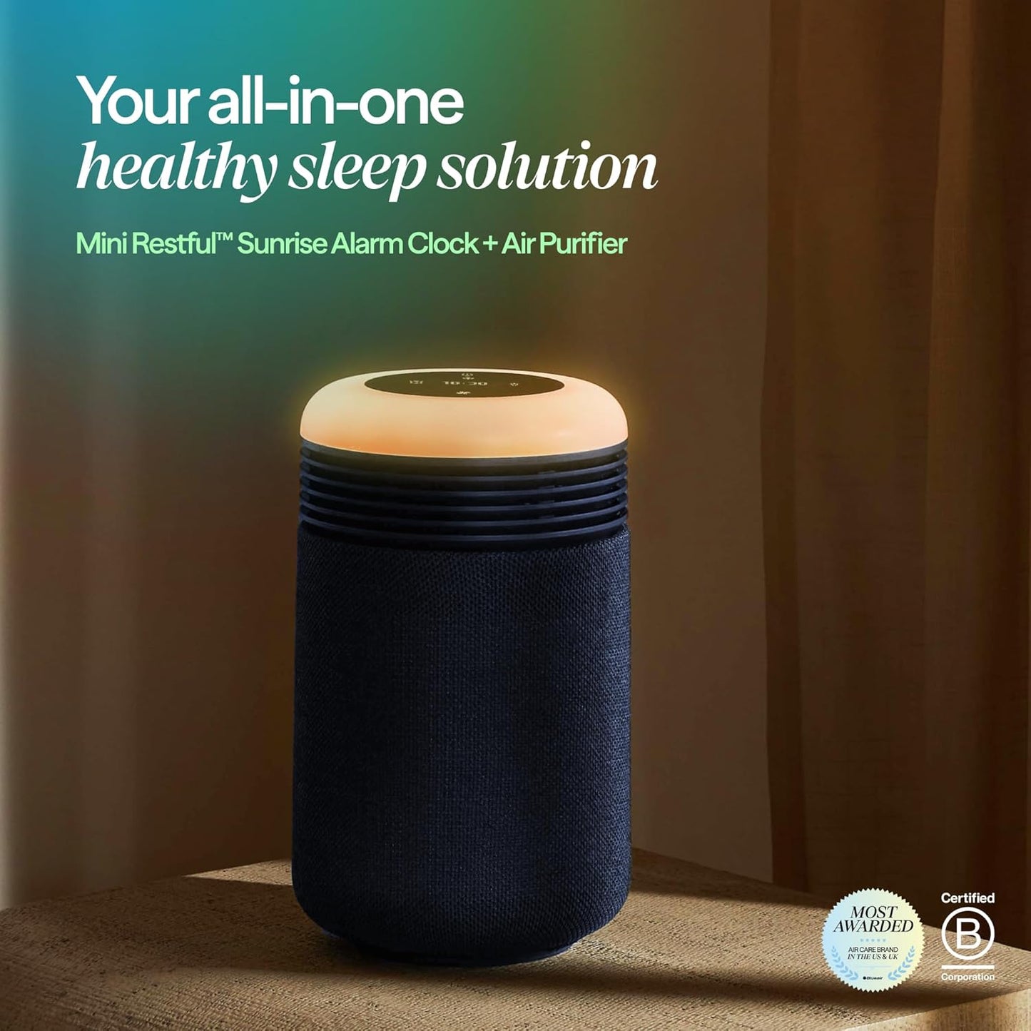 BLUEAIR Purifier for Bedroom - Mini Restful - Sunrise Clock with HEPASilent Filtration and Wake Up Light - Cleans Air and Supports Circadian Rhythm - USB-C and App Connectivity, Blue