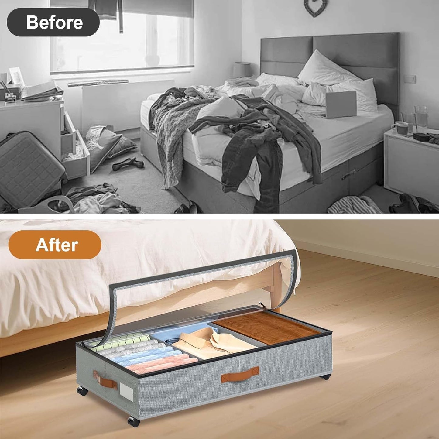 GAOMON Under Bed Storage with Wheels, 2 Pack Rolling Under-Bed Storage Containers with Clear Lids, Low Profile Storage Bins for Clothes, Shoes, Toys, Blankets - Space Saving Underbed Organizer