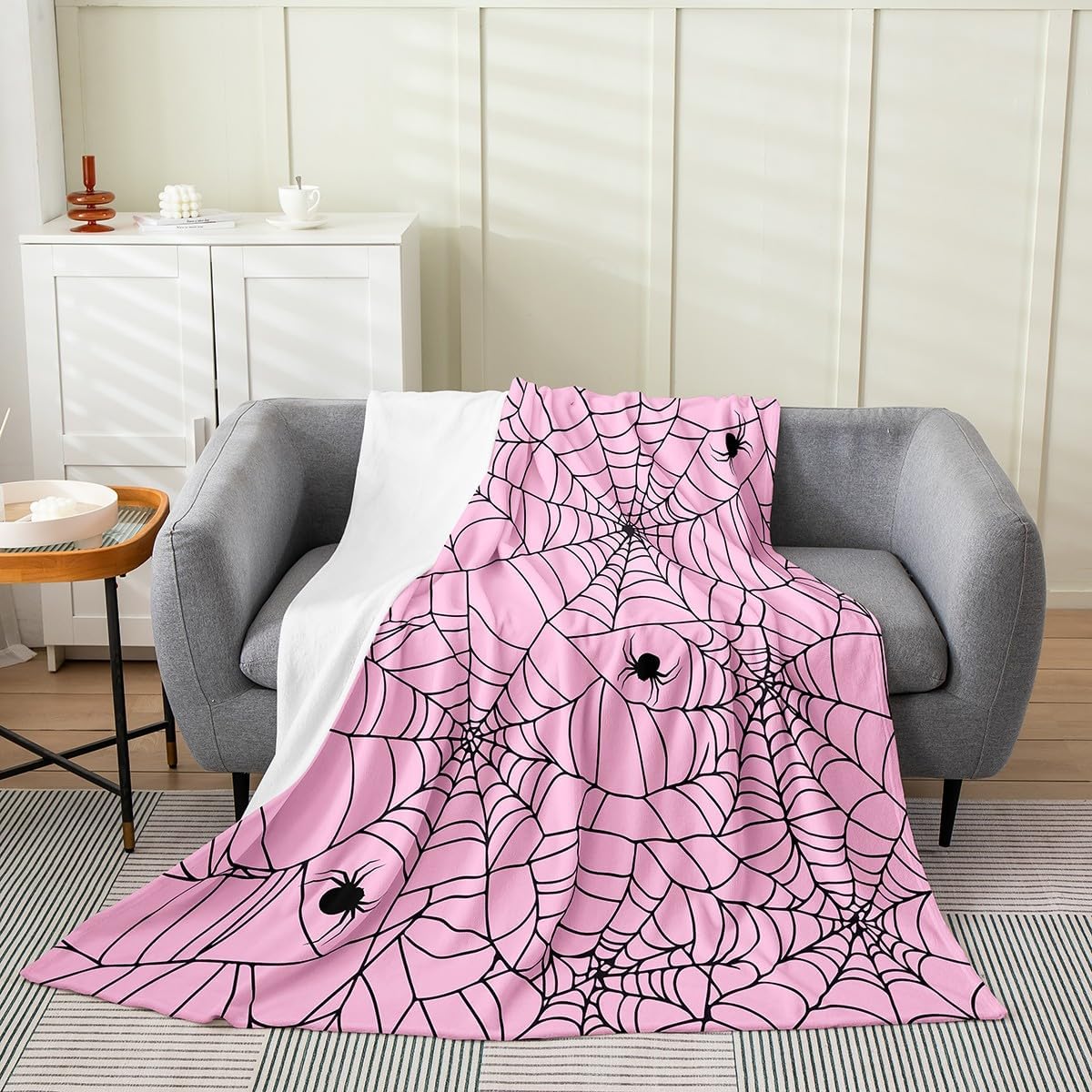 Feelyou Kids Pink Halloween Flannel Throw Blanket Baby 30"x40" Pink Spider Web Fleece Throw Blanket for Girls Teens BedHalloween Spider Plush Blanket Women Pink Black Fuzzy Blanket Baby 30"x40"