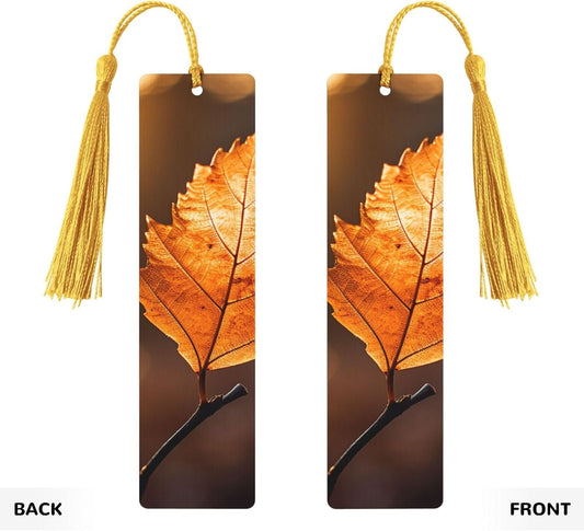 Orange Leaves Bookmarks Gifts for Women Men, Wooden Bookmarks for Book Lovers, Vintage Book Marks Ornaments with Tassel, Unique Personalized Reading Page Markers Gold