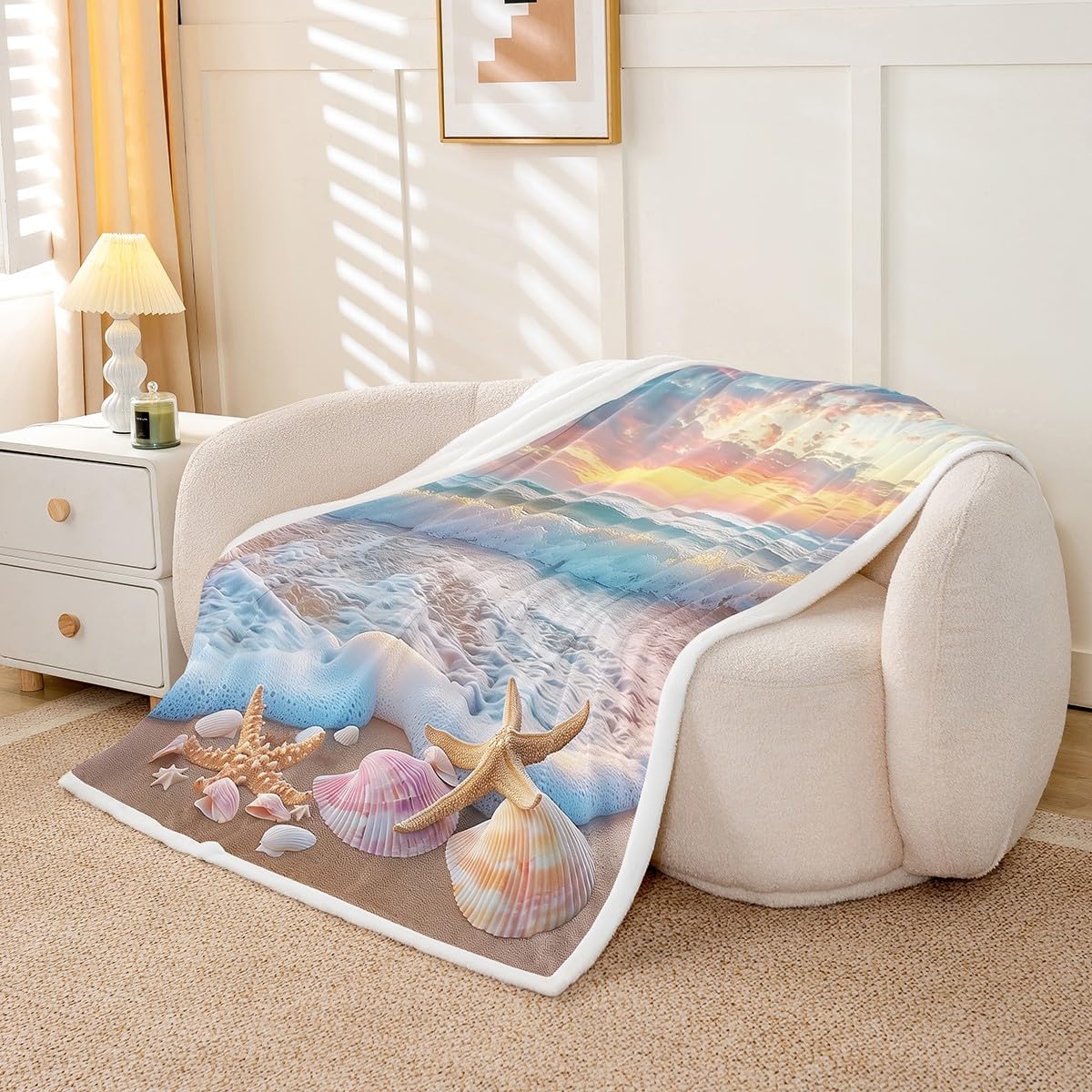 Erosebridal Ocean Beach Sherpa Blanket Throw 50x60 Sea Wave Pink Starfish Shell Fleece Blanket Sunrise Tropical Landscape Fuzzy Plush Throw Coastal Scenery Pink White Decor