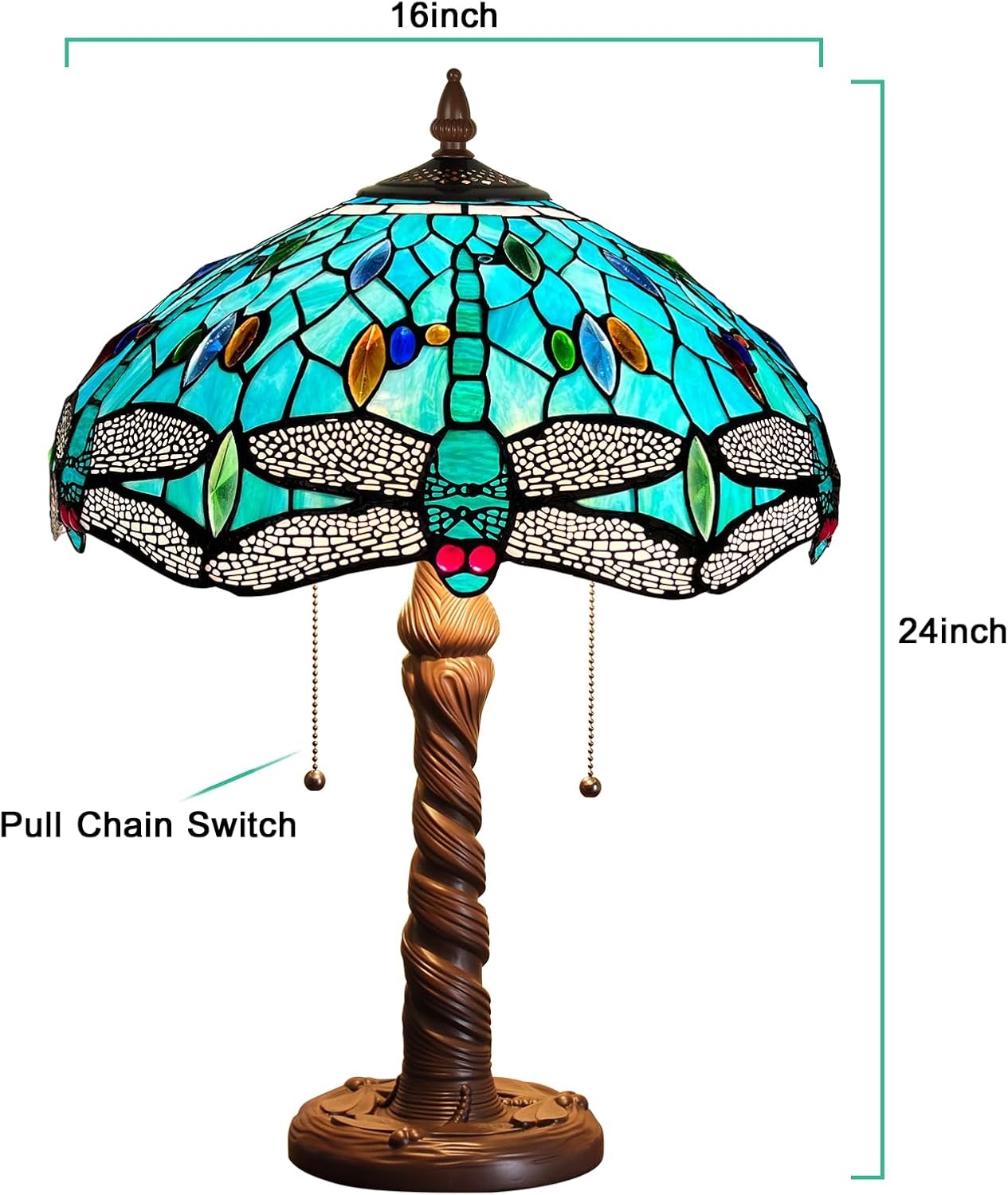 Capulina Tiffany Table Lamp, Sea Grass Dragonfly Antique Style Stained Glass Reading Desk Lamp 16x16x24 Inches for Home Office Living Room Bedrooms Study